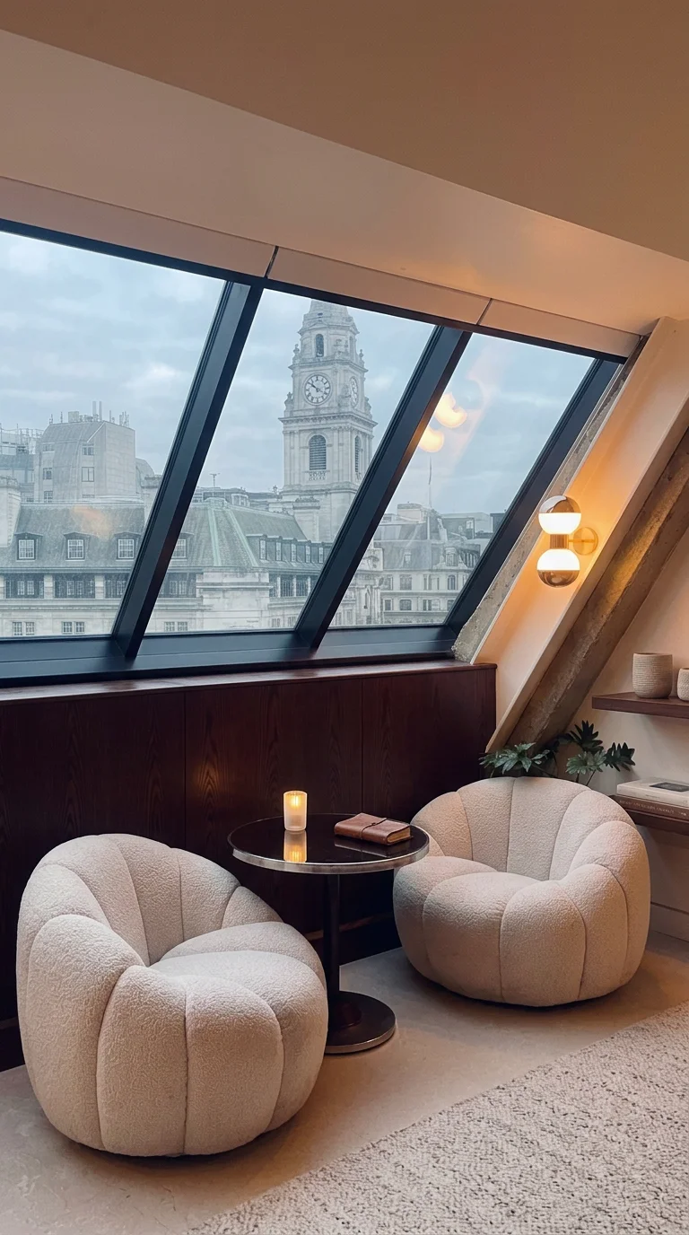 A calm coaching room with armchairs and a skylight view over London rooftops