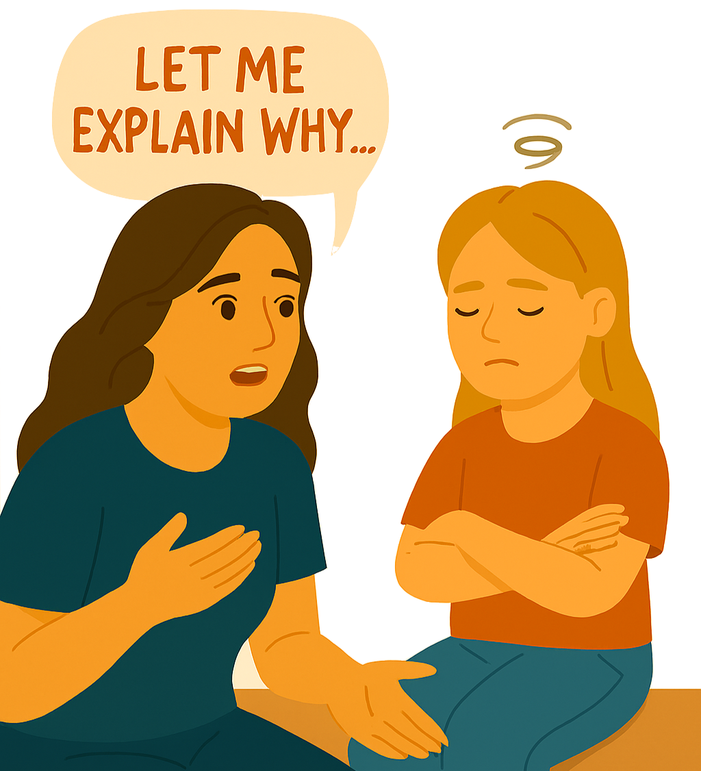 Adult explaining to a child who is emotionally overwhelmed, illustrating why overexplaining often escalates conflict instead of helping kids feel regulated and heard