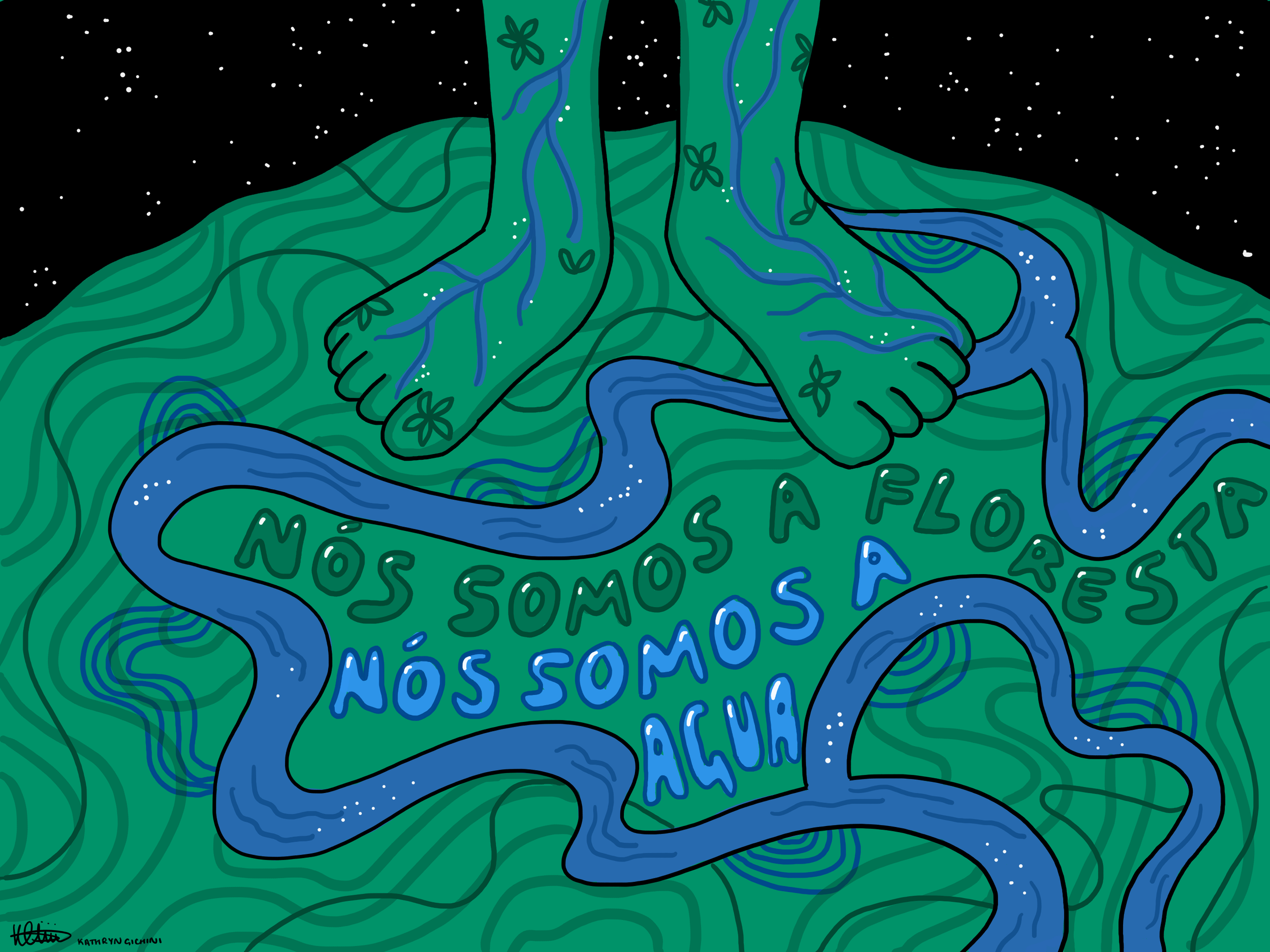 Somos Floresta speaks to our shared life with the forest. This illustration explores the way water, land and people are intertwined, and how care for the forest begins by listening to those who live with it every day.
