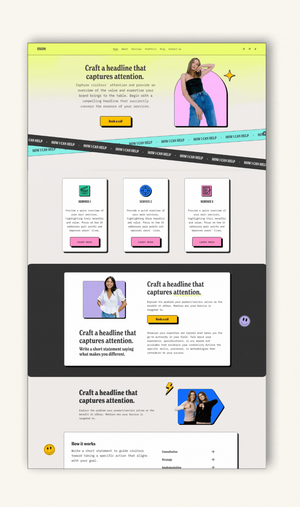 Webpage design with colorful sections featuring marketing content, service cards, call-to-action buttons, and illustrative images of people. Text highlights creating engaging headlines and benefits of services.