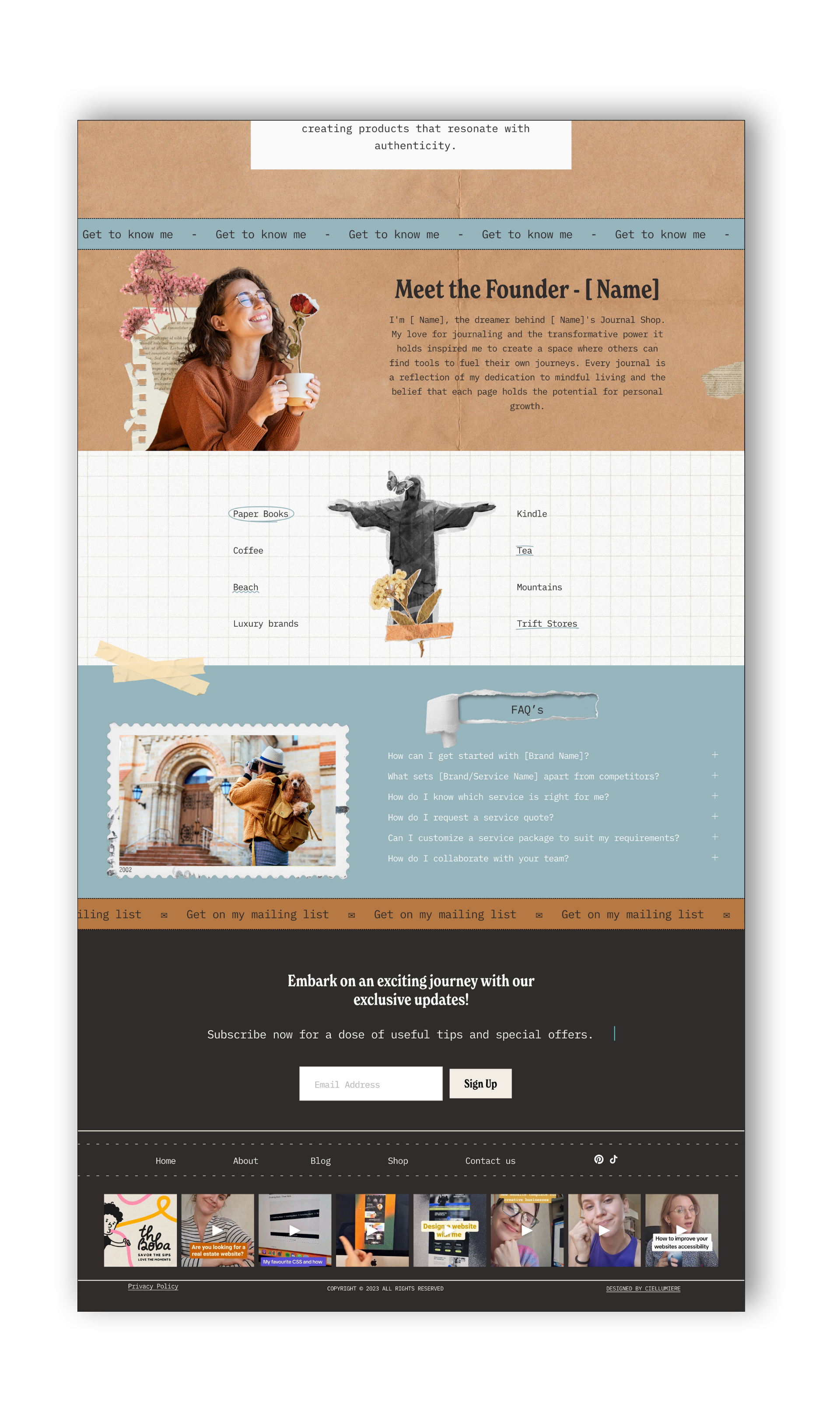 Webpage featuring a founder's introduction with a photo of a person holding a mug and flower, FAQ section, and newsletter sign-up form. Includes navigation links and call-to-action for subscribing.