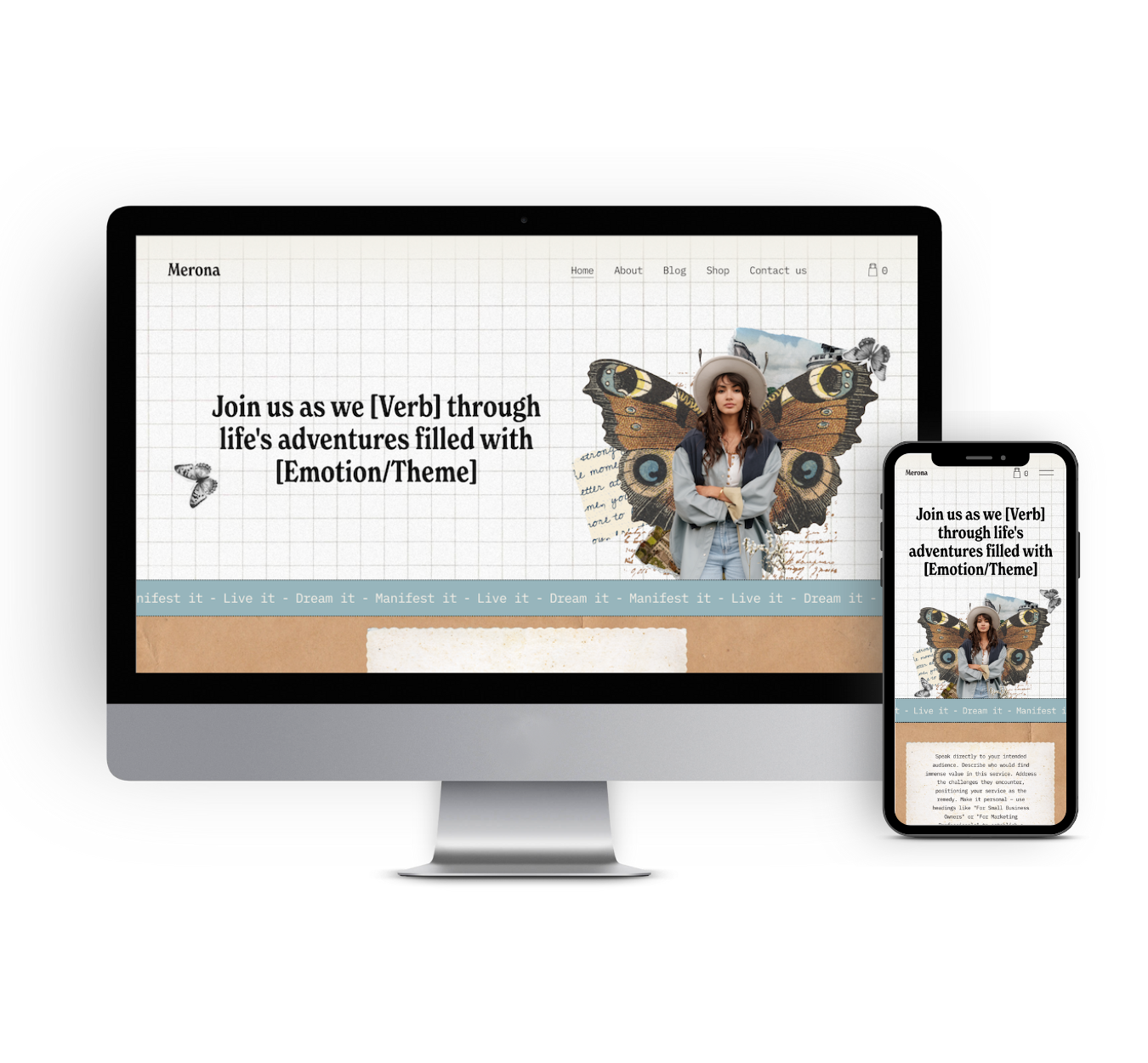 Website preview displayed on desktop and mobile devices featuring a woman with butterfly wings, accompanied by text and navigation options.
