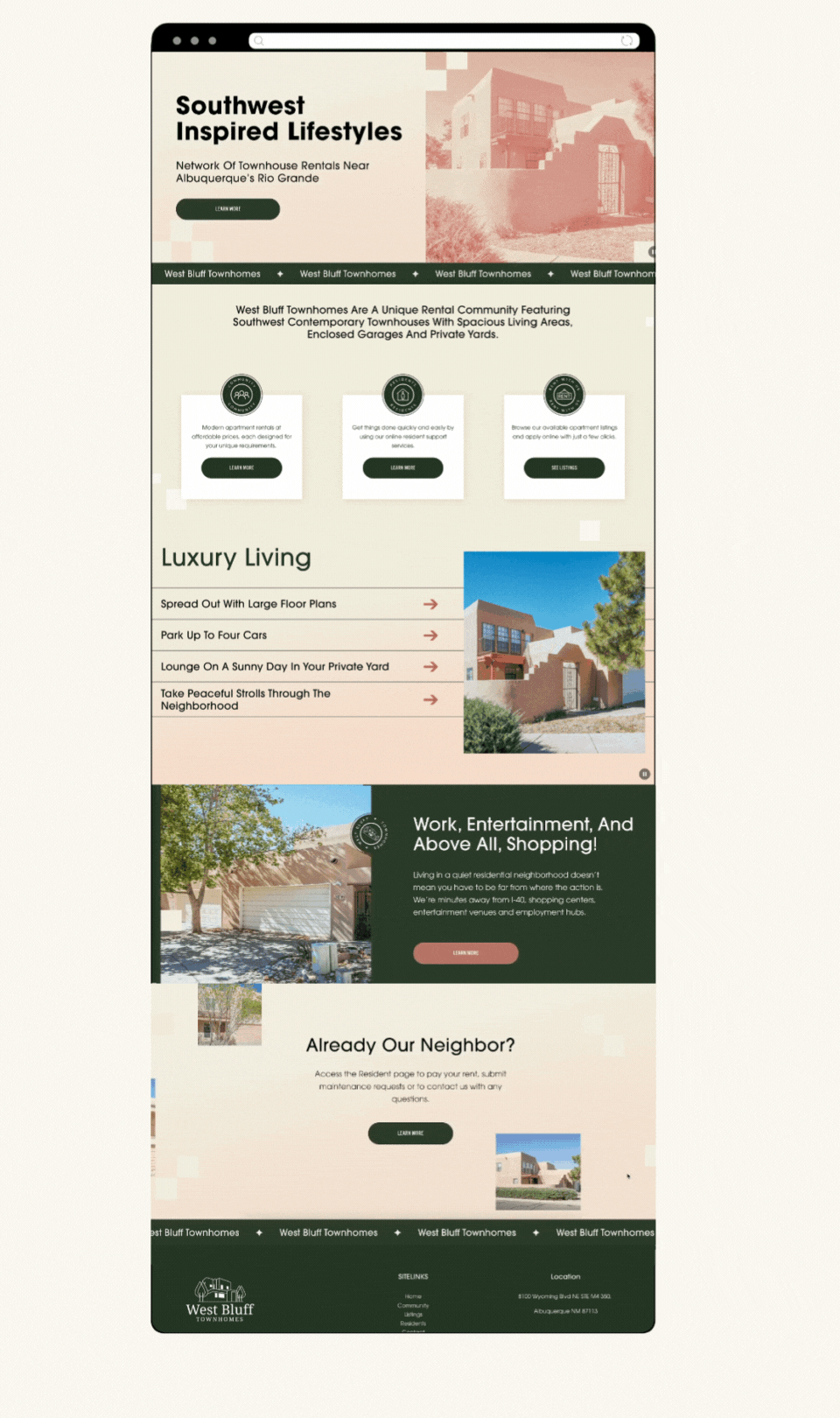 Webpage for West Bluff Townhomes featuring images of townhouses, amenities description, and call to action buttons.