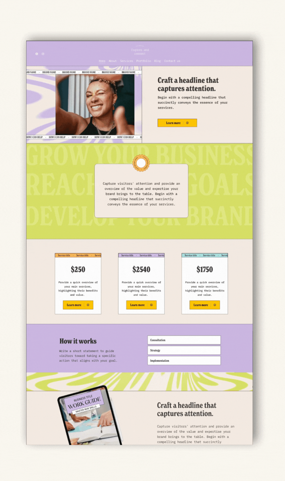 Website design with colorful sections, images, and text promoting services and branding. Includes a smiling person, pricing cards, a work guide image, form fields, and inspirational headings.