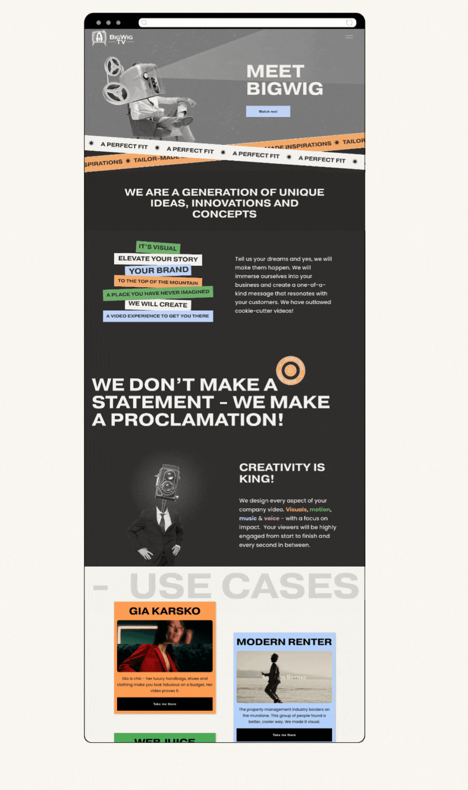 A website page for BigWig TV showcasing their emphasis on creativity and unique ideas. Features a stylized image of a person with a vintage camera as a head, text about innovation, and sections labeled 'Gia Karsko' and 'Modern Renter' as use cases. Contains colorful text blocks highlighting services and creative concepts.