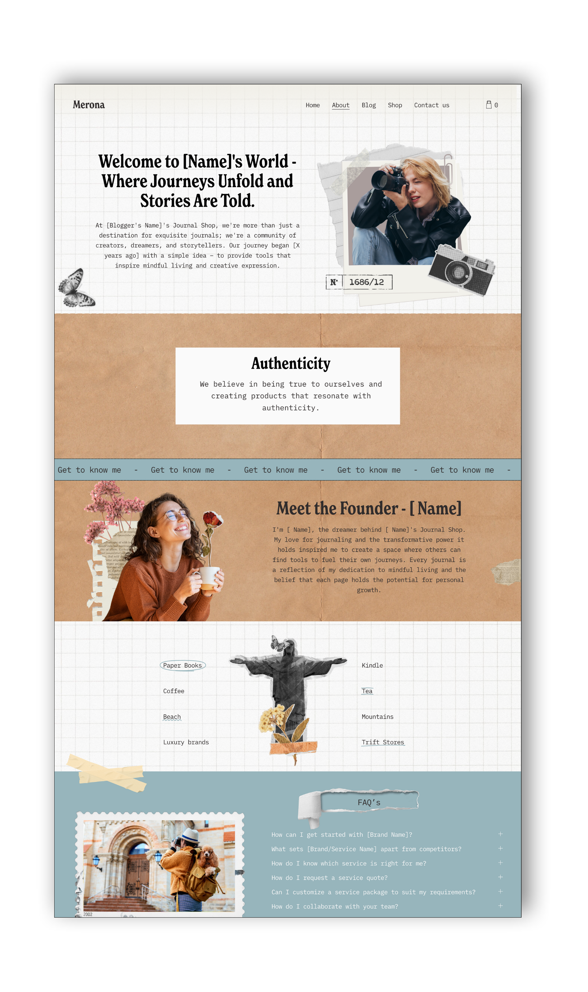 Homepage design for a journal shop website featuring a grid layout with photos, text about authenticity, and a founder's introduction. The top section has a welcome message next to an image of a person with a camera. The middle section discusses authenticity, while the bottom section includes an FAQ, a picture of a statue, and a photo of a person with a dog outside a building.