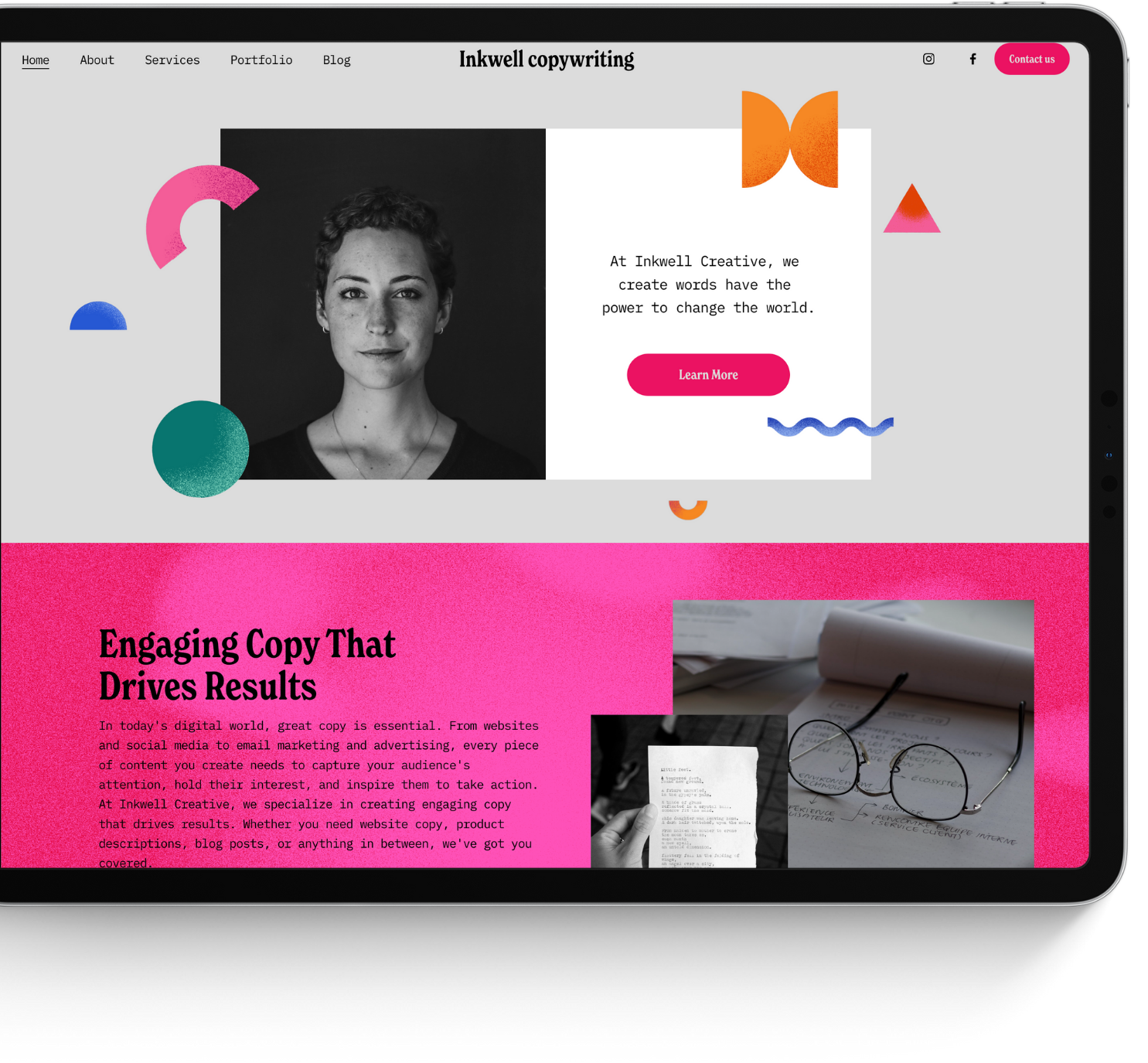 Screenshot of the Inkwell Copywriting website homepage featuring a monochrome portrait of a person with abstract shapes and a motivational message. Below, colorful sections highlight services, including engaging copy that drives results, with images of a notepad and glasses.