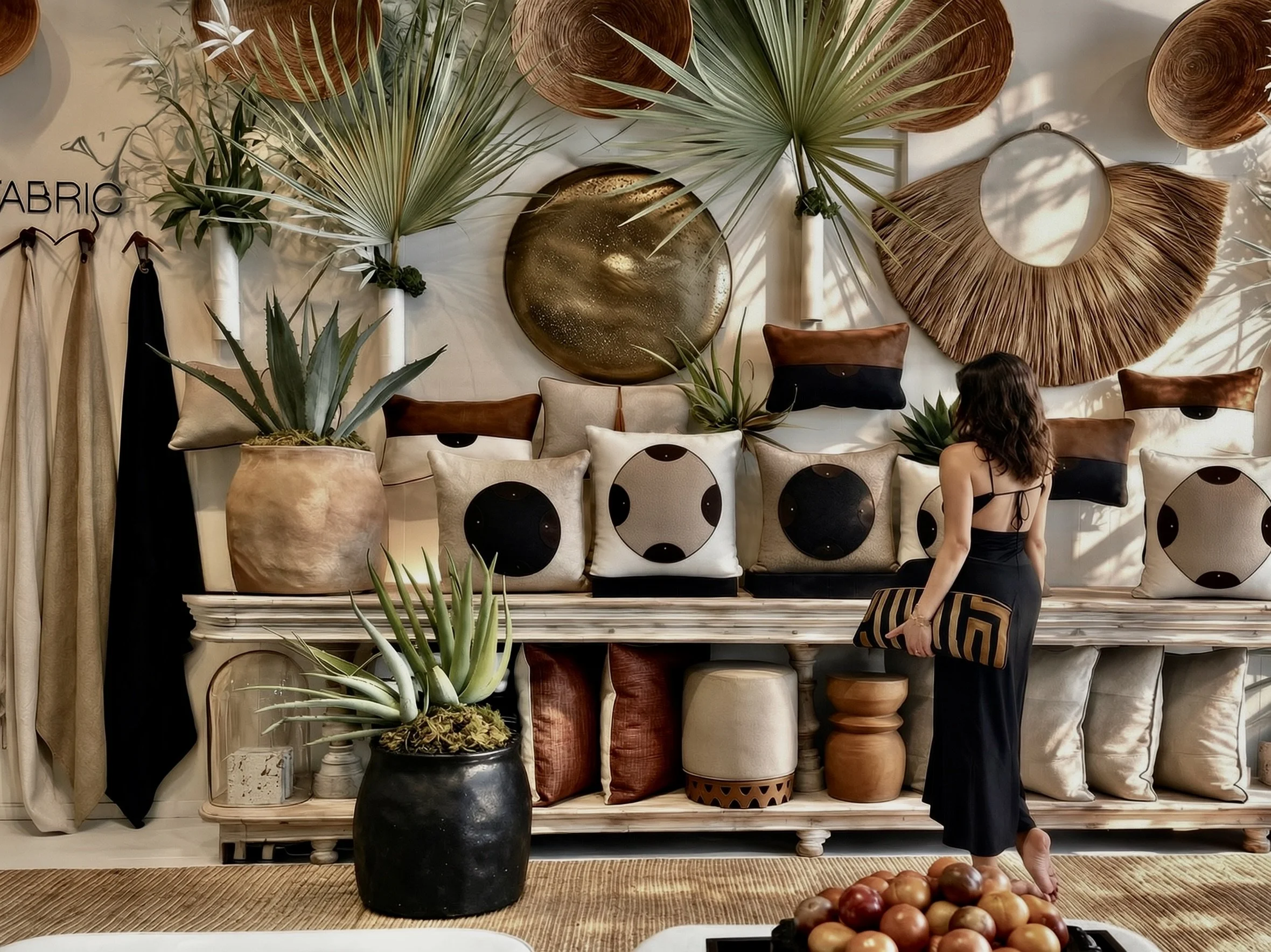 Interior decor featuring potted plants, woven wall hangings, and cushions with black dots in a boutique or home setting.