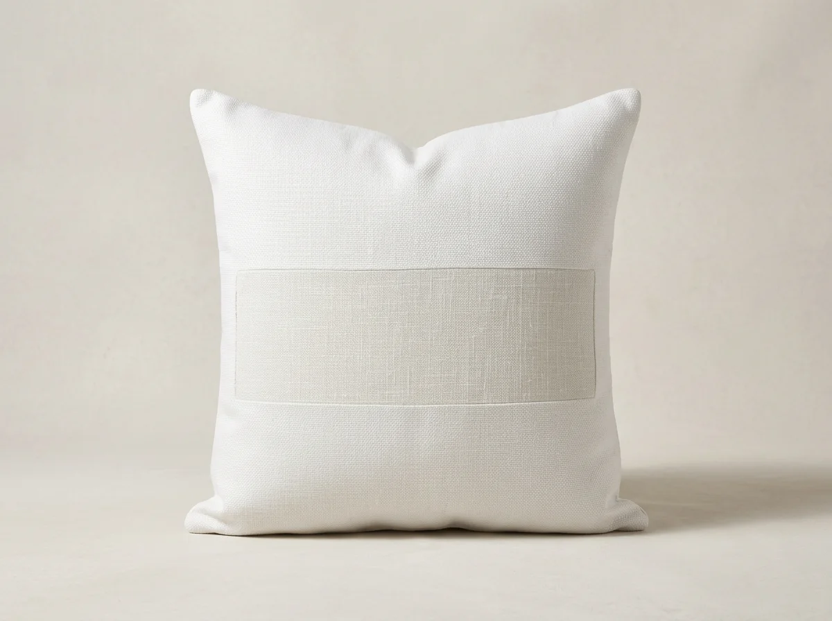 White Italian linen Après pillows with a ivory burlap cross design in the center, placed against a neutral background.