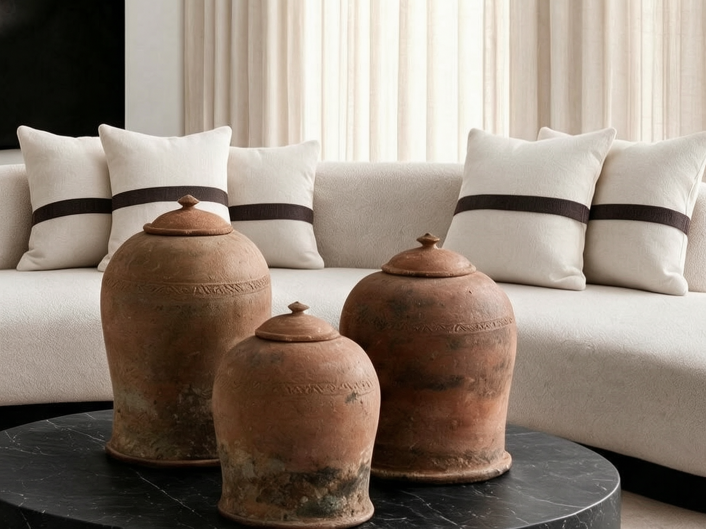 A row of four terracotta pots on a black marble surface with a white sofa and cream-colored curtains in the background.