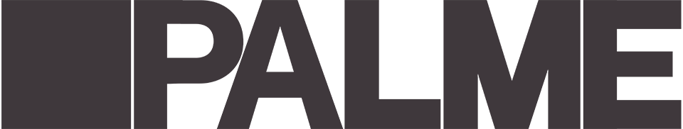 Close-up of a black background with gray text spelling out 'PALME'