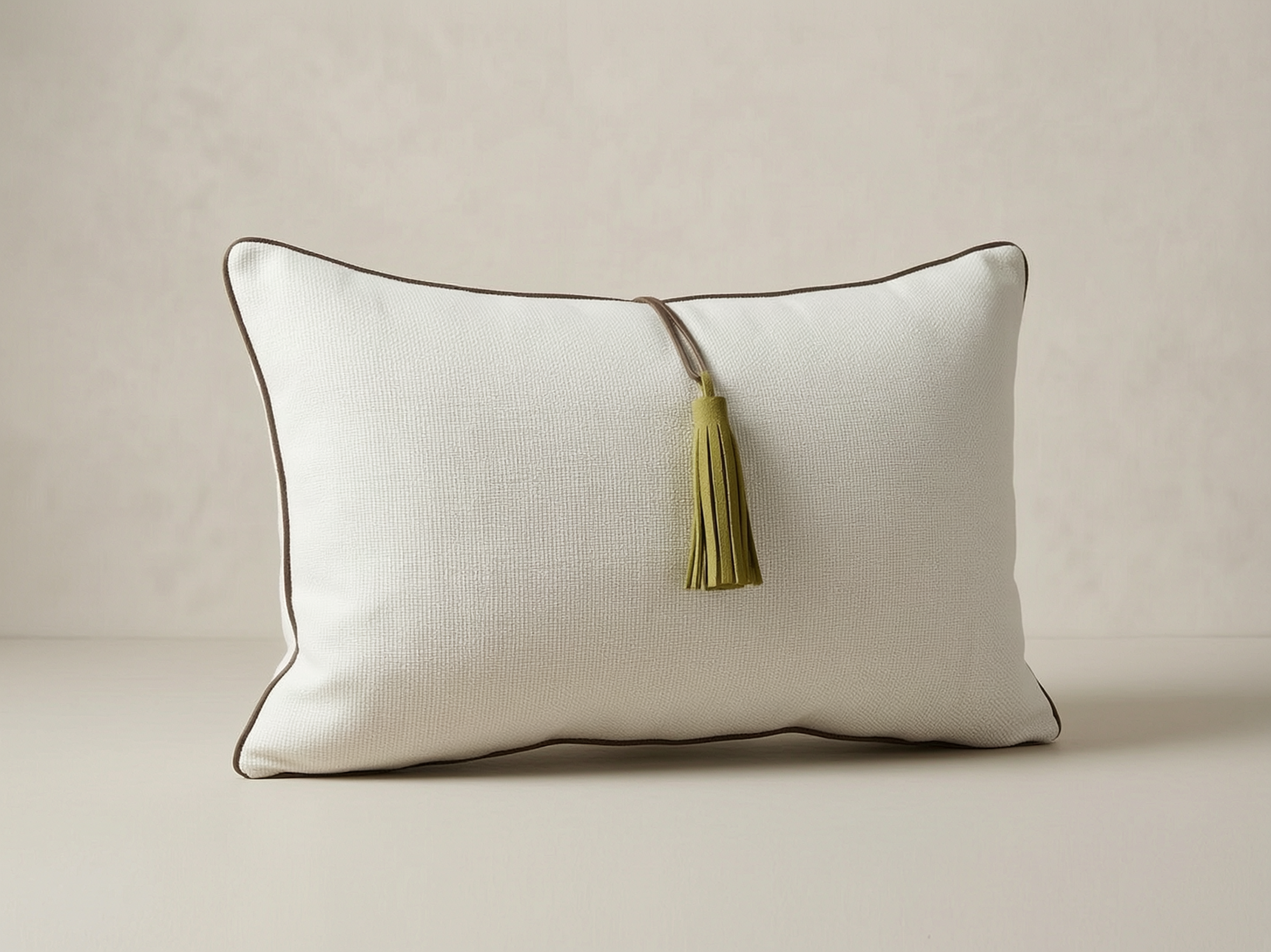 White square throw pillow with black piping and a yellow tassel, placed against a plain neutral background.
