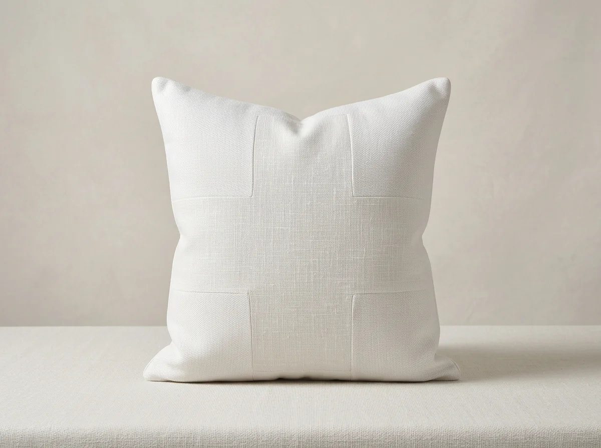 White Italian linen Après pillows with a ivory burlap cross design in the center, on a light-colored surface against a neutral background.