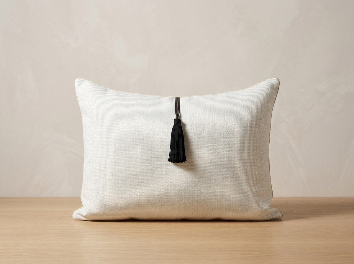 A white textured pillow with a small black tassel hanging from the top center, placed on a wooden surface against a plain light-colored wall.
