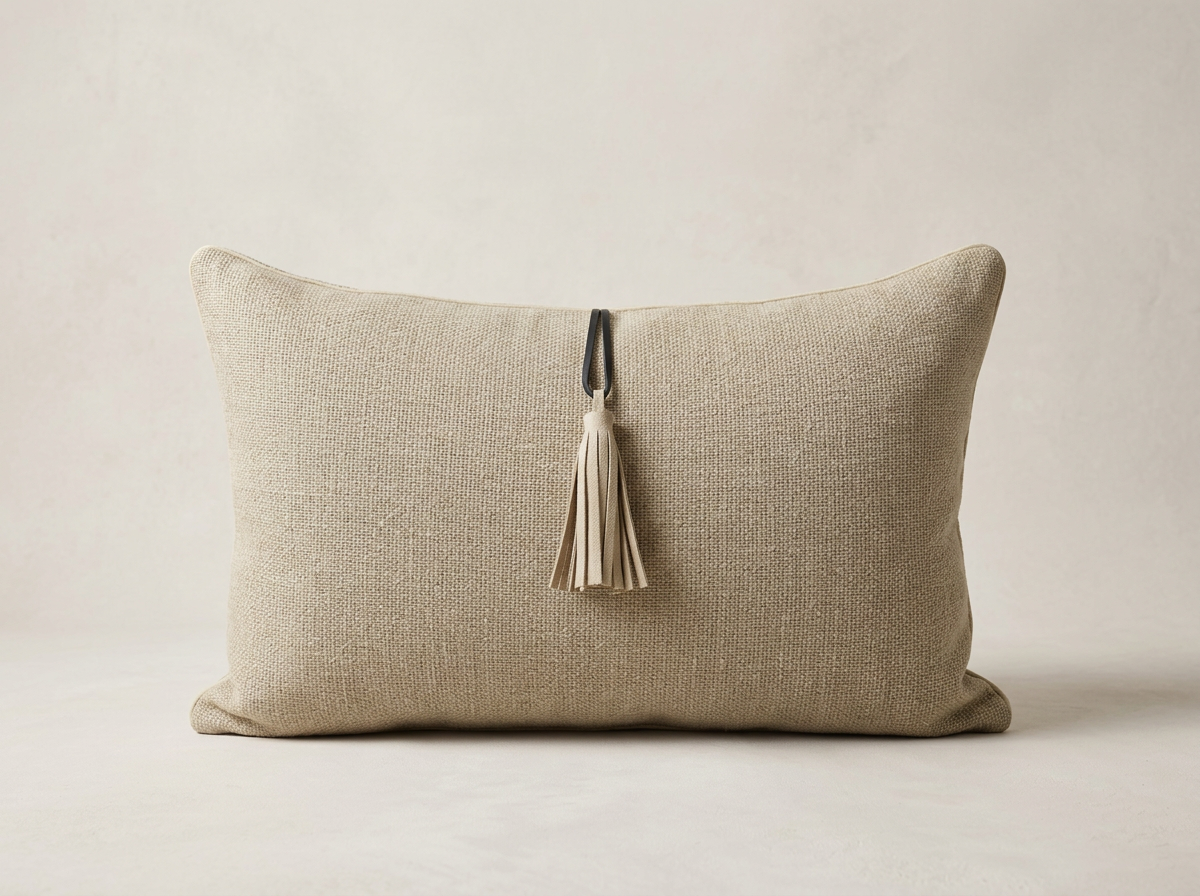 Beige cushion with a black loop and white tassel hanging from the center top.