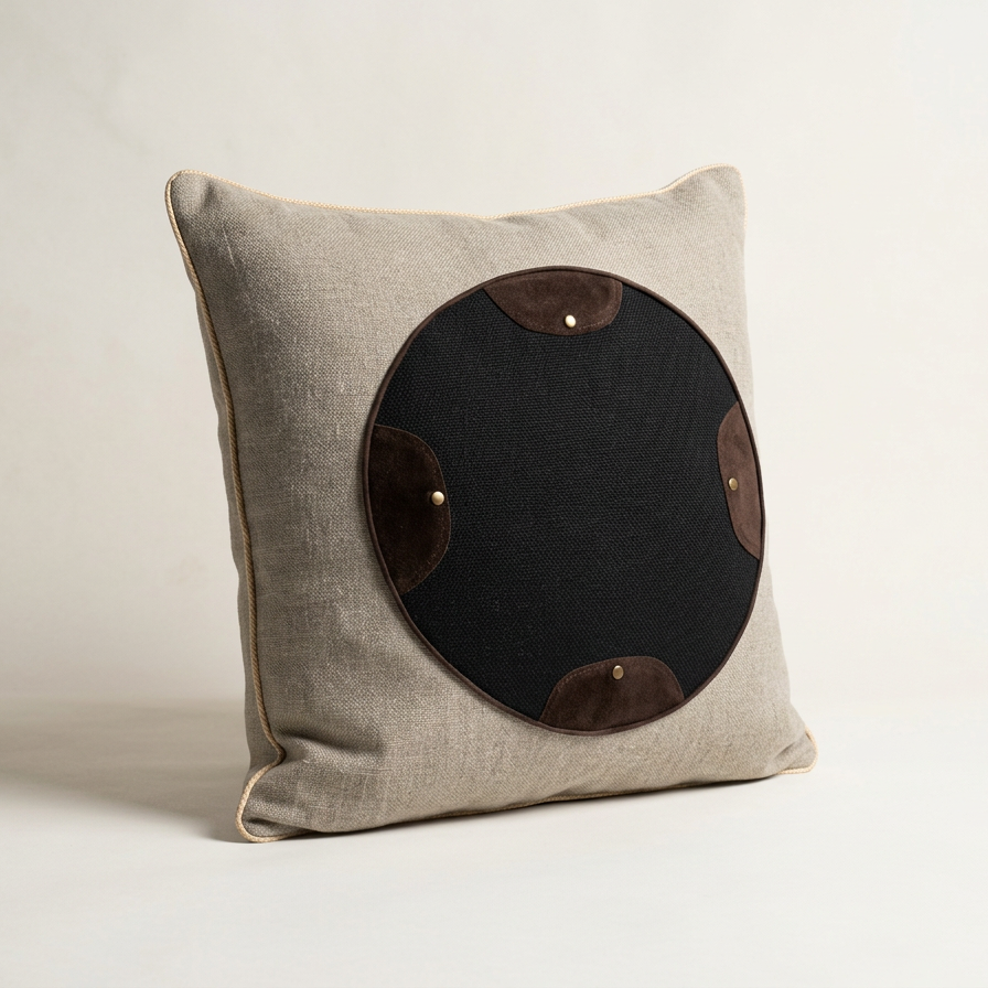 A decorative throw pillow with a beige fabric cover and a circular inlay featuring a black center and brown accents, set against a plain light background.