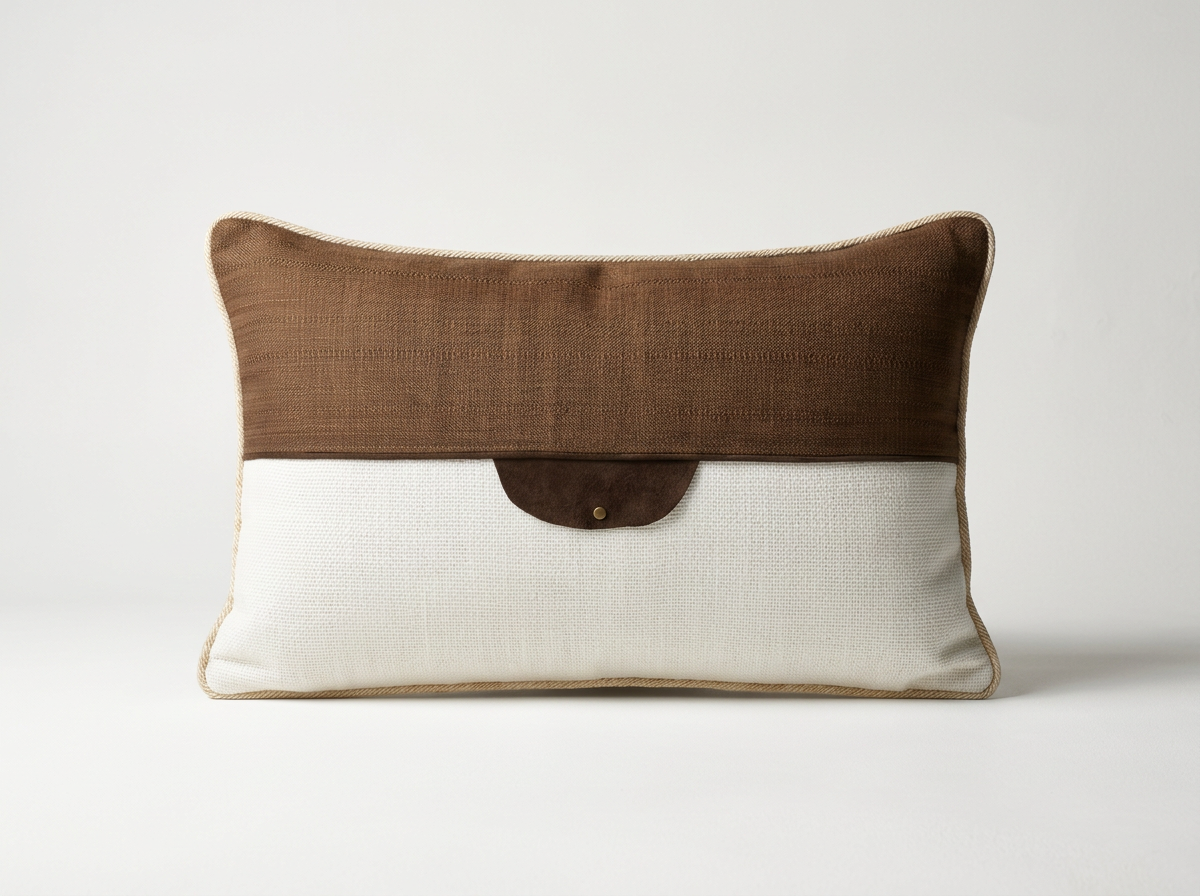 A rectangular decorative pillow with a brown upper half and a cream lower half, featuring a small brown flap in the middle of the bottom edge with a gold button.