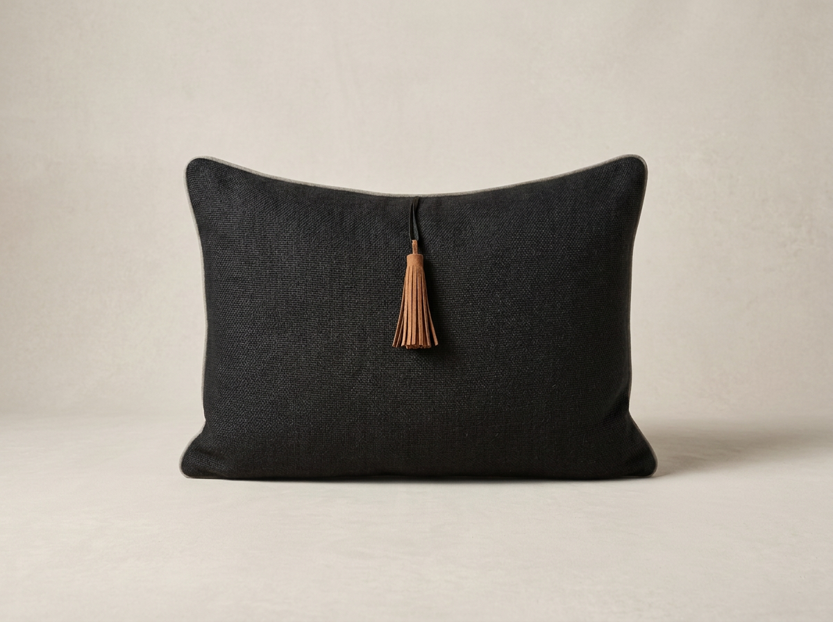 A black cushion with a brown tassel hanging in the center on a light-colored surface.
