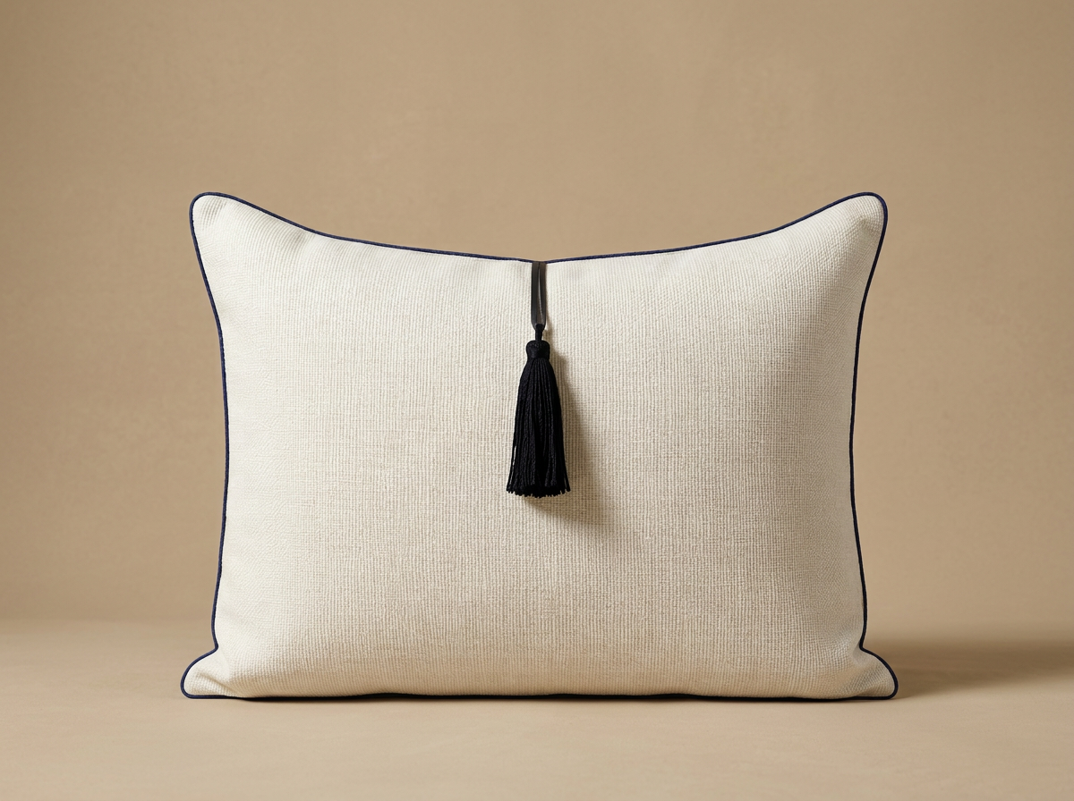 A cream-colored decorative pillow with a black tassel hanging from the top center, placed against a beige background.