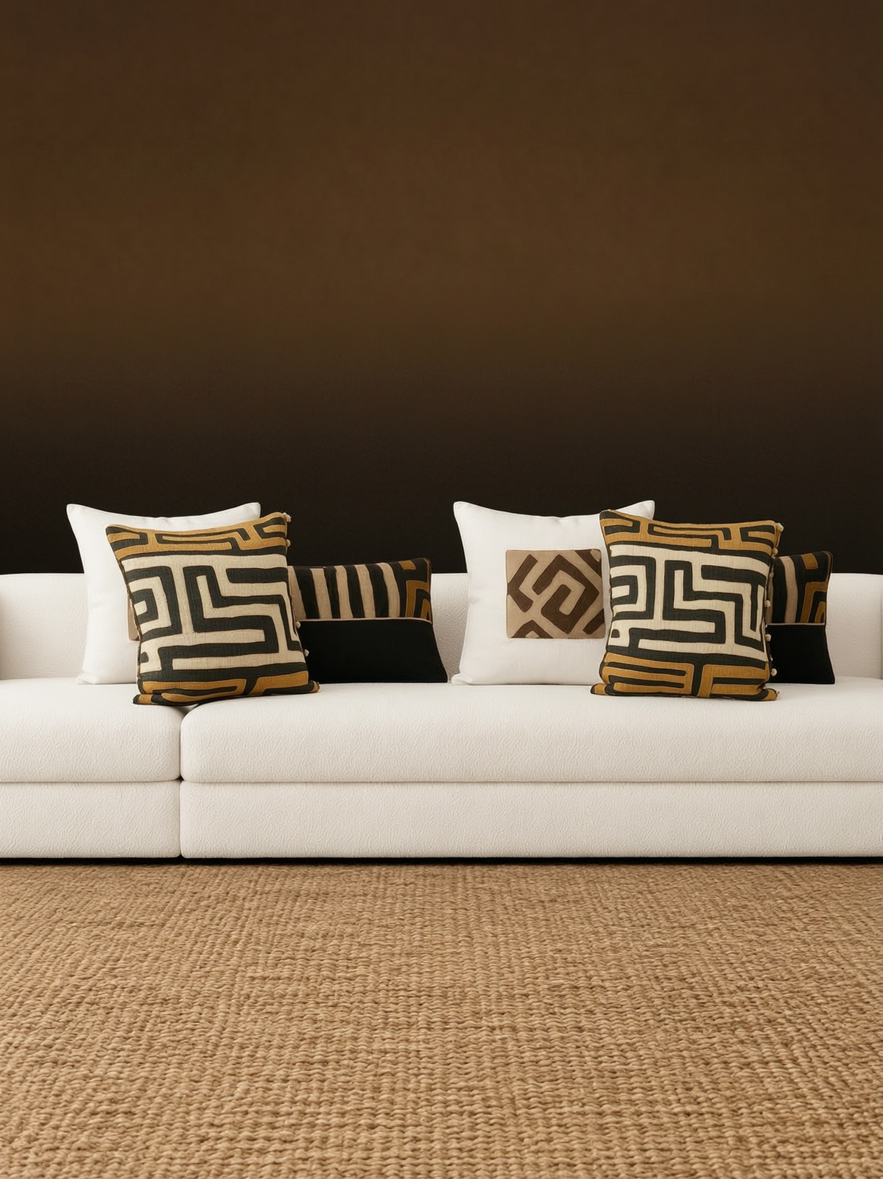 Modern white sofa with several decorative pillows featuring geometric patterns, placed against a dark wall in a contemporary living room.