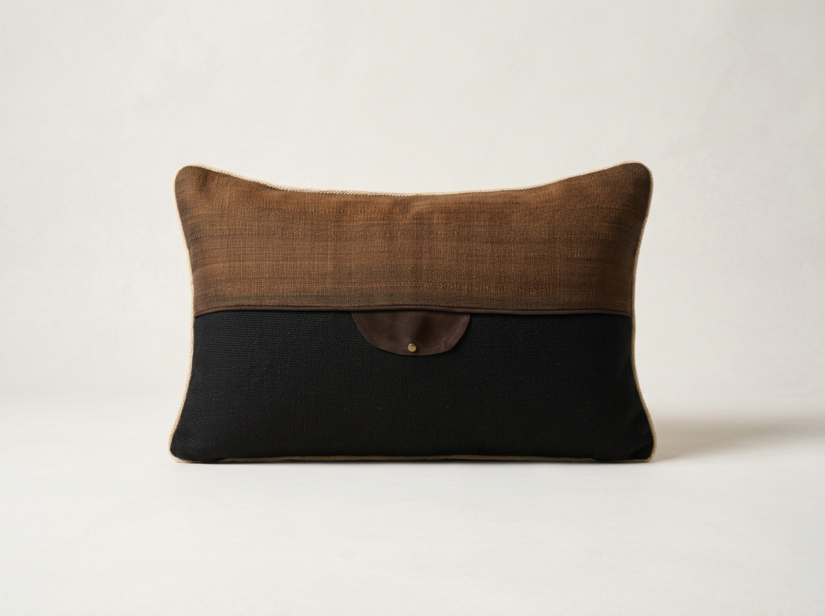 A rectangular pillow with a top half made of brown fabric and a bottom half made of black fabric, featuring a small leather flap with a button in the center.