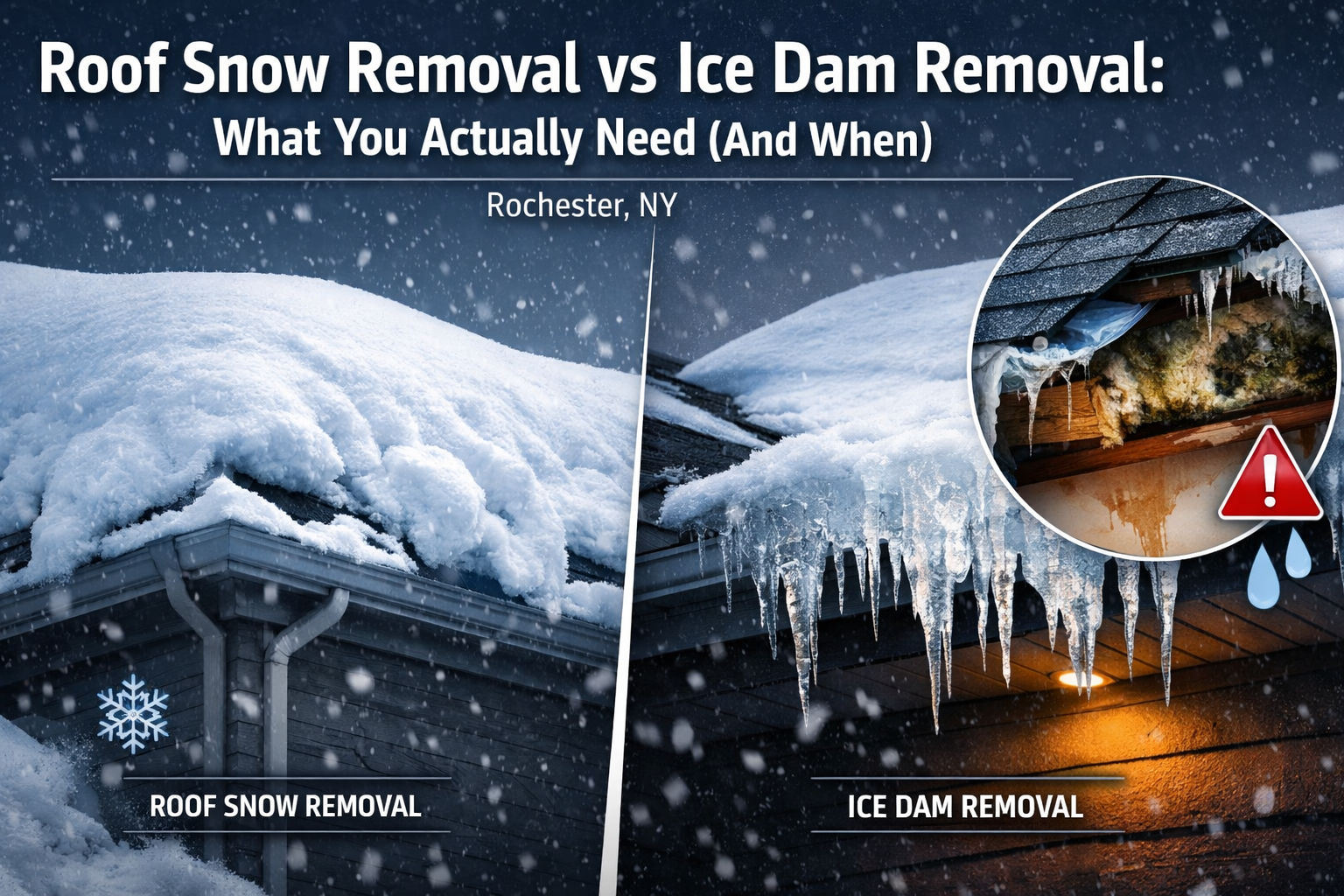 Roof snow removal vs ice dam removal in Rochester NY showing heavy snow load and ice dam water damage with mold risk