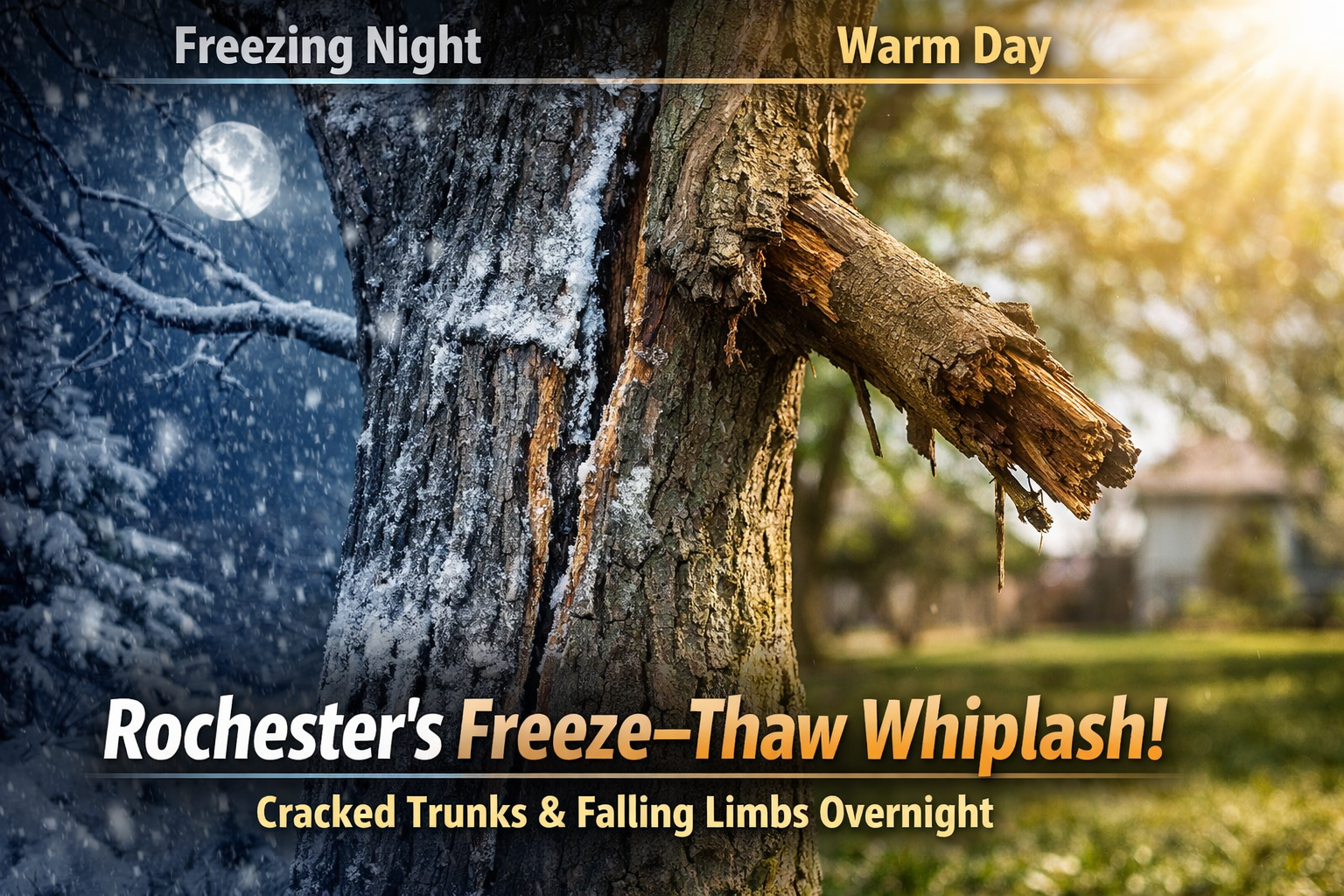 Freeze–thaw tree damage in Rochester NY showing a trunk crack and a hanging limb.