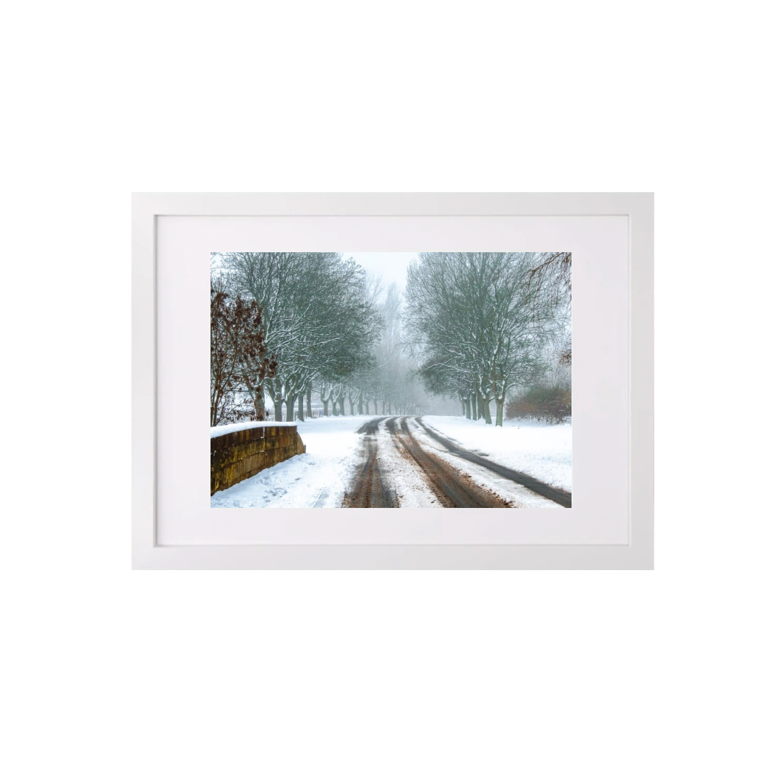 Snowy Road Landscape Print (A3 Frame)