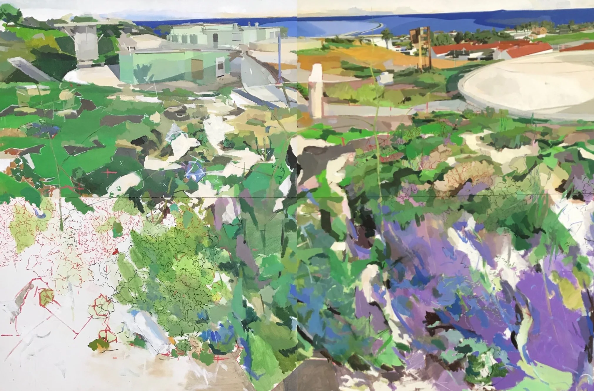 View of Bunker Hill (detail), 2019, Acrylic on canvas mounted to wood panels, 64 x 192 inches