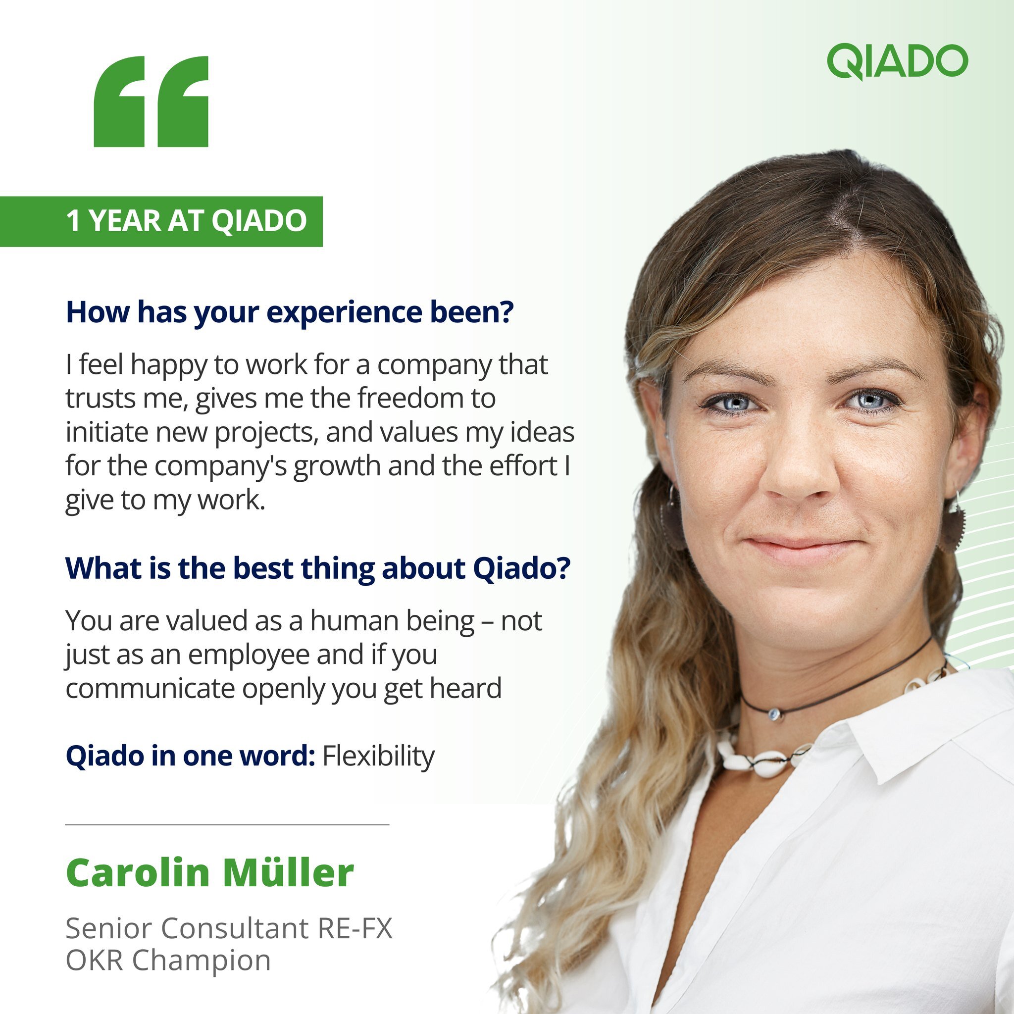 🎉 Carolin M&uuml;ller just turned one year at Qiado and we couldn&acute;t be more happy and proud to have such a dedicated, talented and amazing human in our team! We hope you celebrate many more years to come 🚀 

#workanniversary #qiado #saprefx #