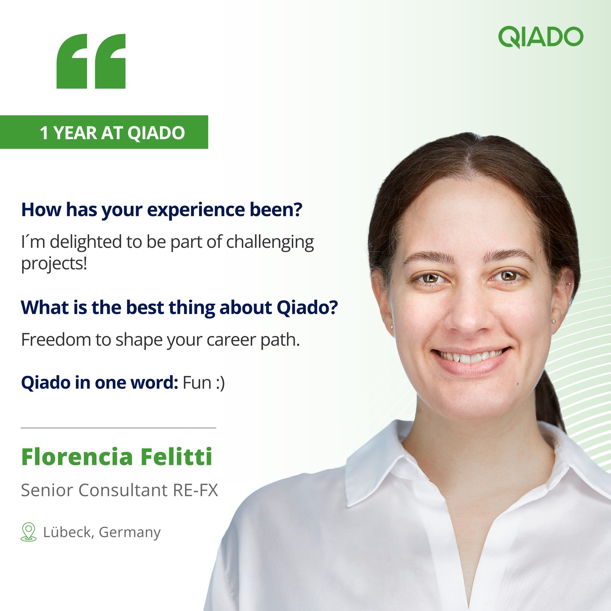 It&acute;s time to celebrate: Florencia Felitti just turned one year at Qiado 🎉 

From Argentina to Germany, she faced new SAP RE-FX challenges and is adding so much value to our team. It&acute;s amazing to have you on board!

Looking forward to cel