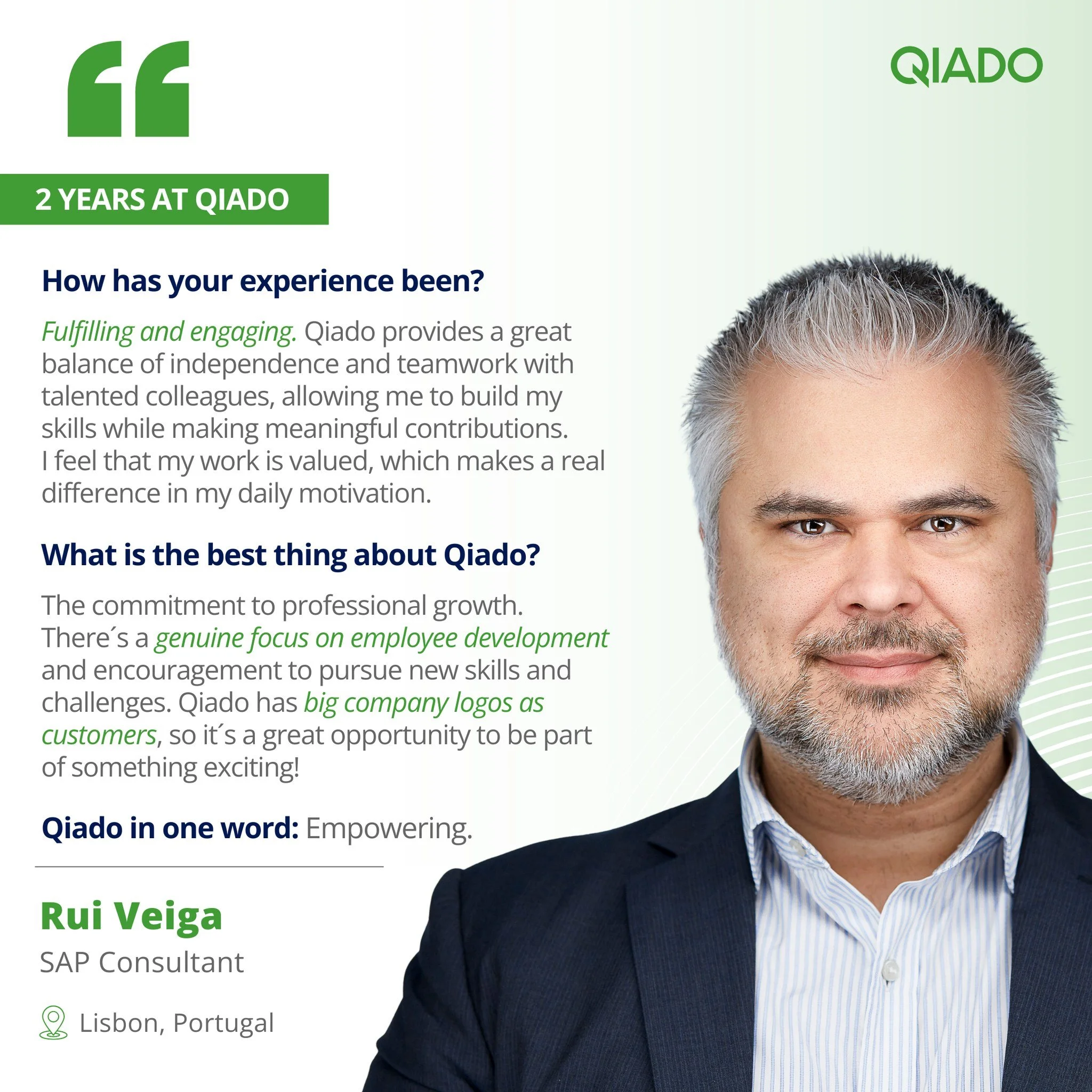 In the blink of an eye, two years have passed since Rui Veiga began his incredible journey at Qiado🥳. 

📌 Based in Lisbon, Rui embodies the qualities of a true team player, bringing dedication, positivity, and an exceptional sense of collaboration 