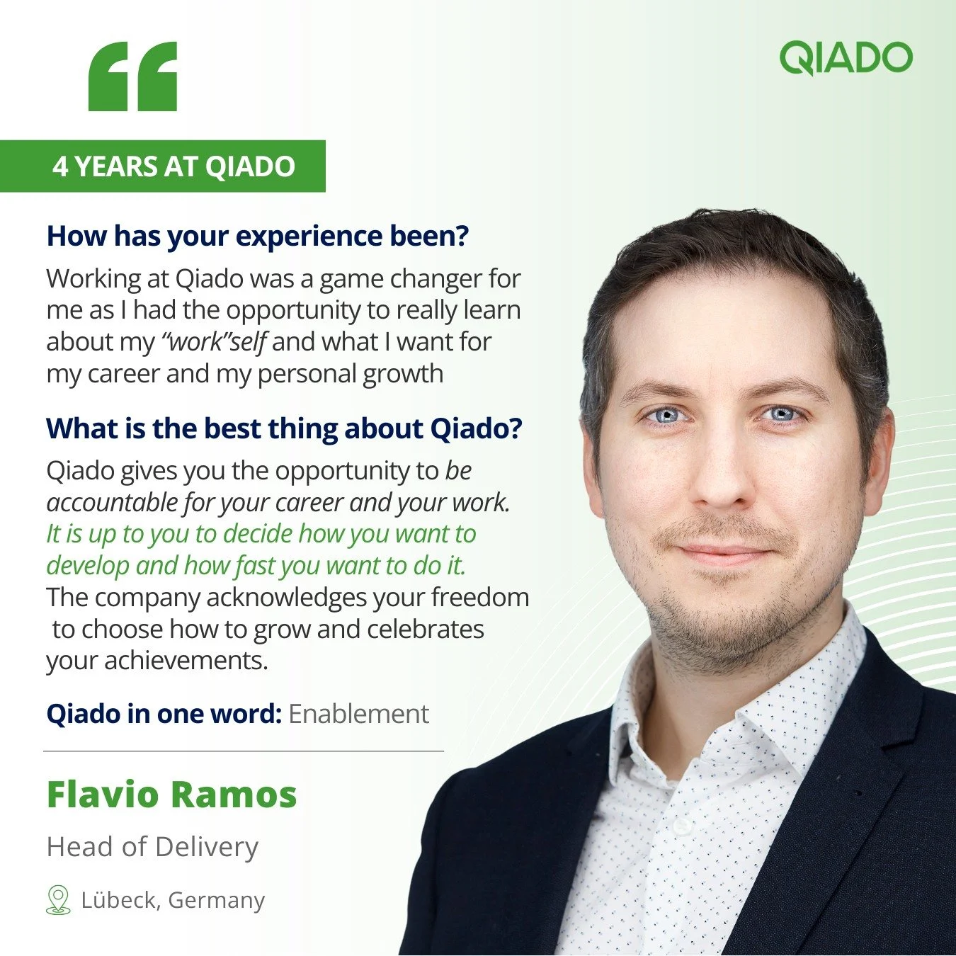 It&rsquo;s an honor to support your career growth as you contribute to shaping Qiado&rsquo;s future 🚀. Here&rsquo;s to celebrating many more remarkable milestones together, Flavio Ramos 💚