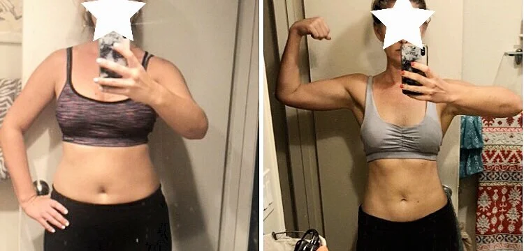 A side-by-side comparison photo of a woman taking mirror selfies, showing her fitness progress. In the left photo, she is wearing a sports bra and black pants, with her arm resting on her hip. In the right photo, she is flexing her arm muscles and wearing a different sports bra, with a towel and other bathroom items visible in the background.