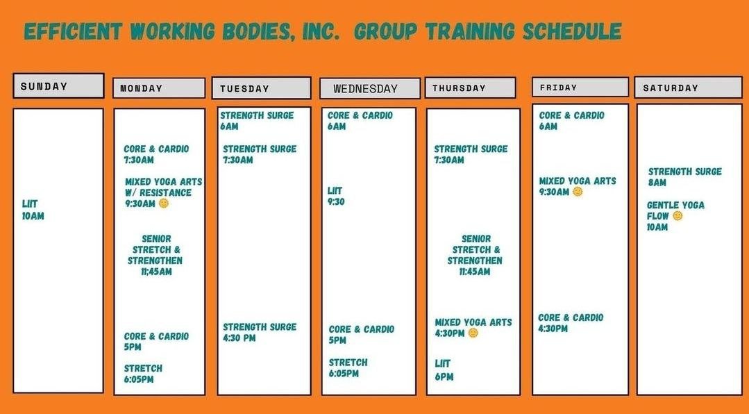 Weekly group fitness training schedule for Efficient Working Bodies, Inc., featuring classes like Core & Cardio, Strength Surge, Lift, Mixed Yoga Arts, Senior Stretch & Strengthen, and Gentle Yoga Flow, with times from early morning to evening.