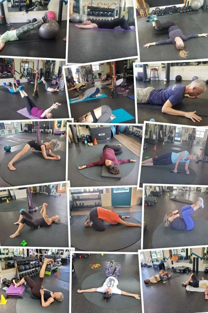 Collage of people doing various stretches and yoga poses in a gym, including planks, leg raises, and side stretches.
