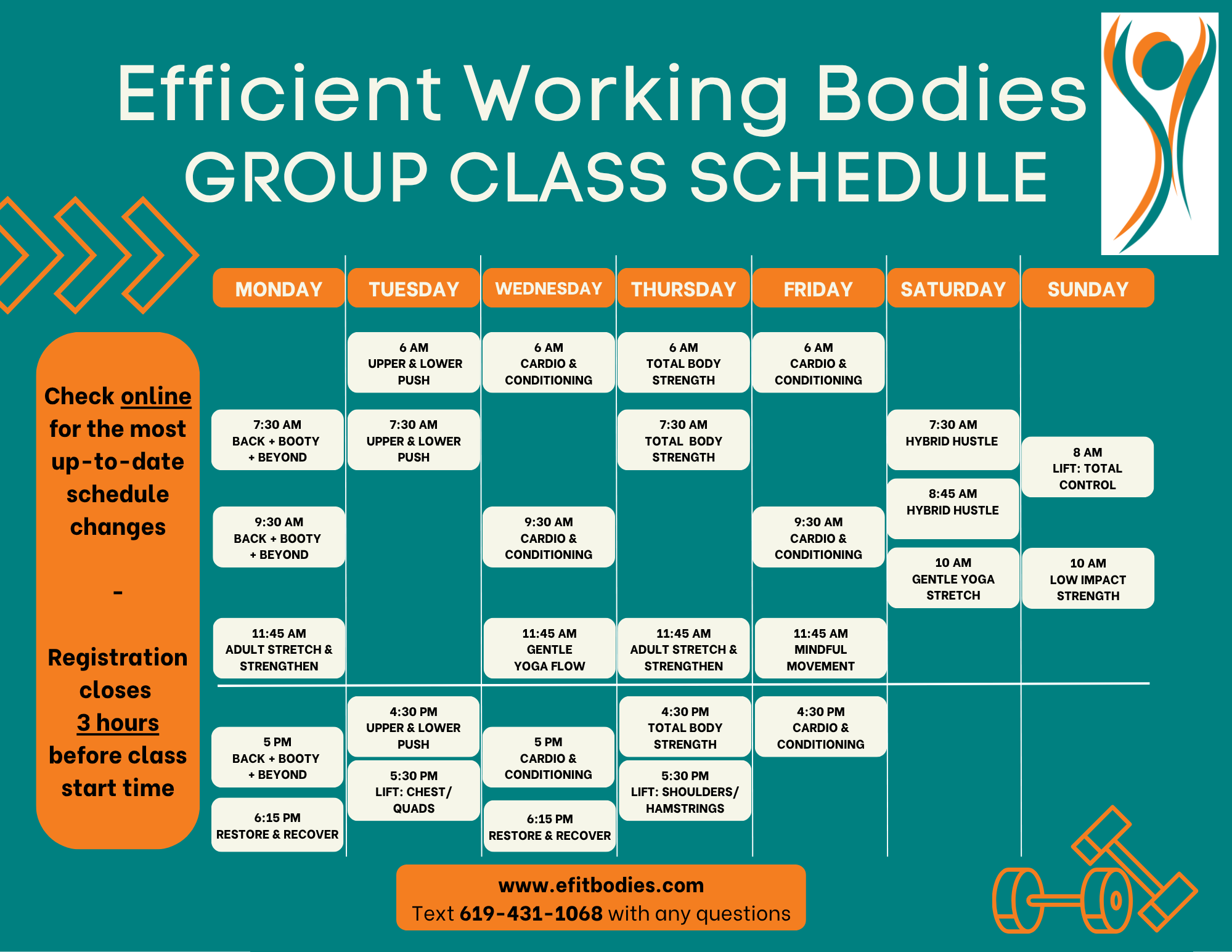 A group class schedule poster for Efibodies, featuring days of the week with registered classes, including times and class names like Back & Booty, Adult Stretch, Total Body Strength, and more. The poster has a teal background with orange and white accents, and includes contact information and website at the bottom.