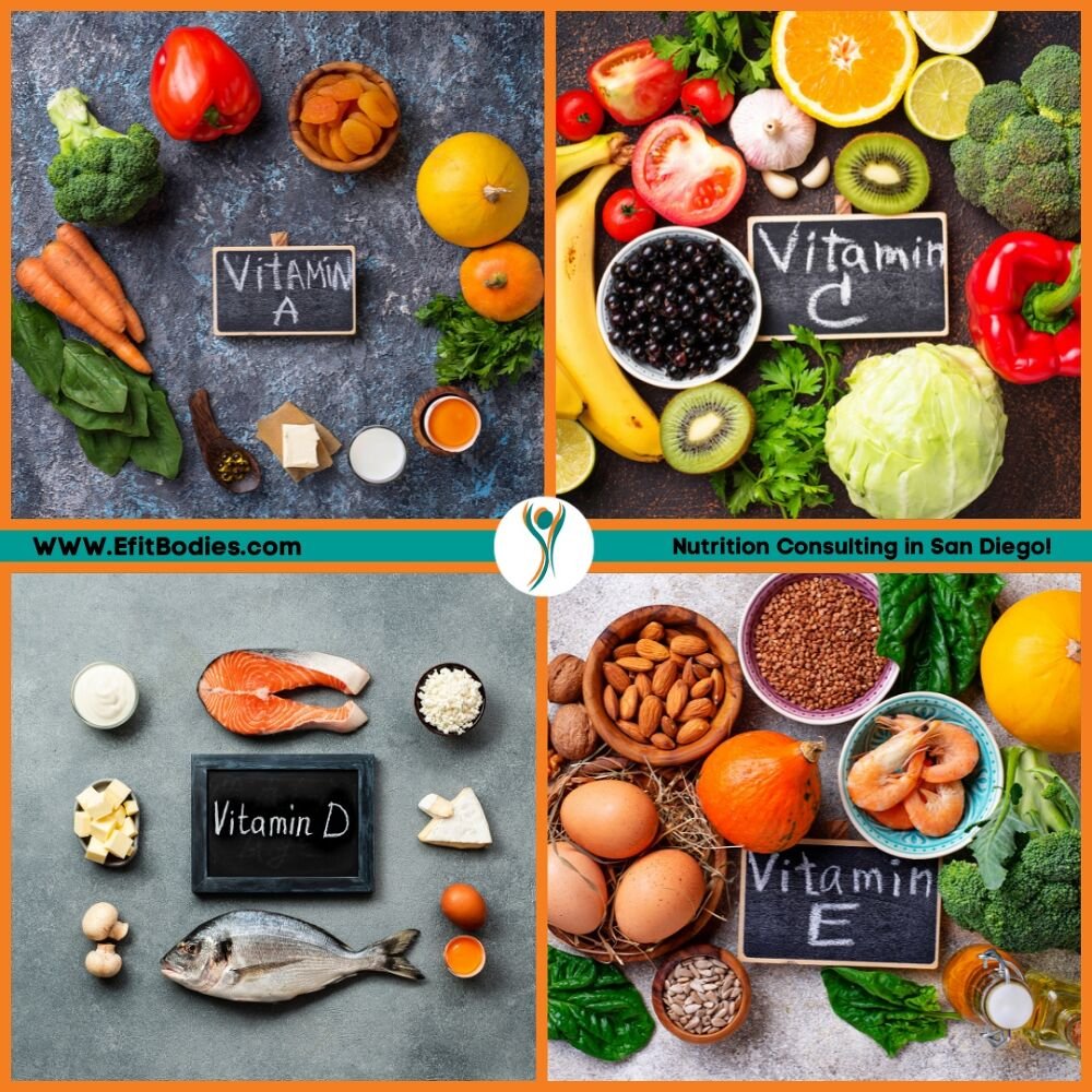 Images of various foods categorized into vitamin groups: vitamin A includes carrots, broccoli, bell peppers, and apricots; vitamin C includes tomatoes, oranges, kiwi, lemon, garlic, and berries; vitamin D includes fish, eggs, dairy, and mushrooms; vitamin E includes nuts, seeds, eggs, fish, and leafy greens.