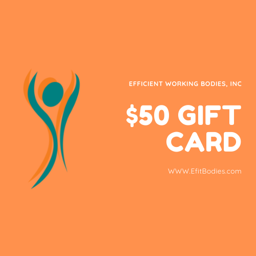 Orange gift card from Efficient Working Bodies, Inc. worth $50, with a stylized abstract human figure logo.