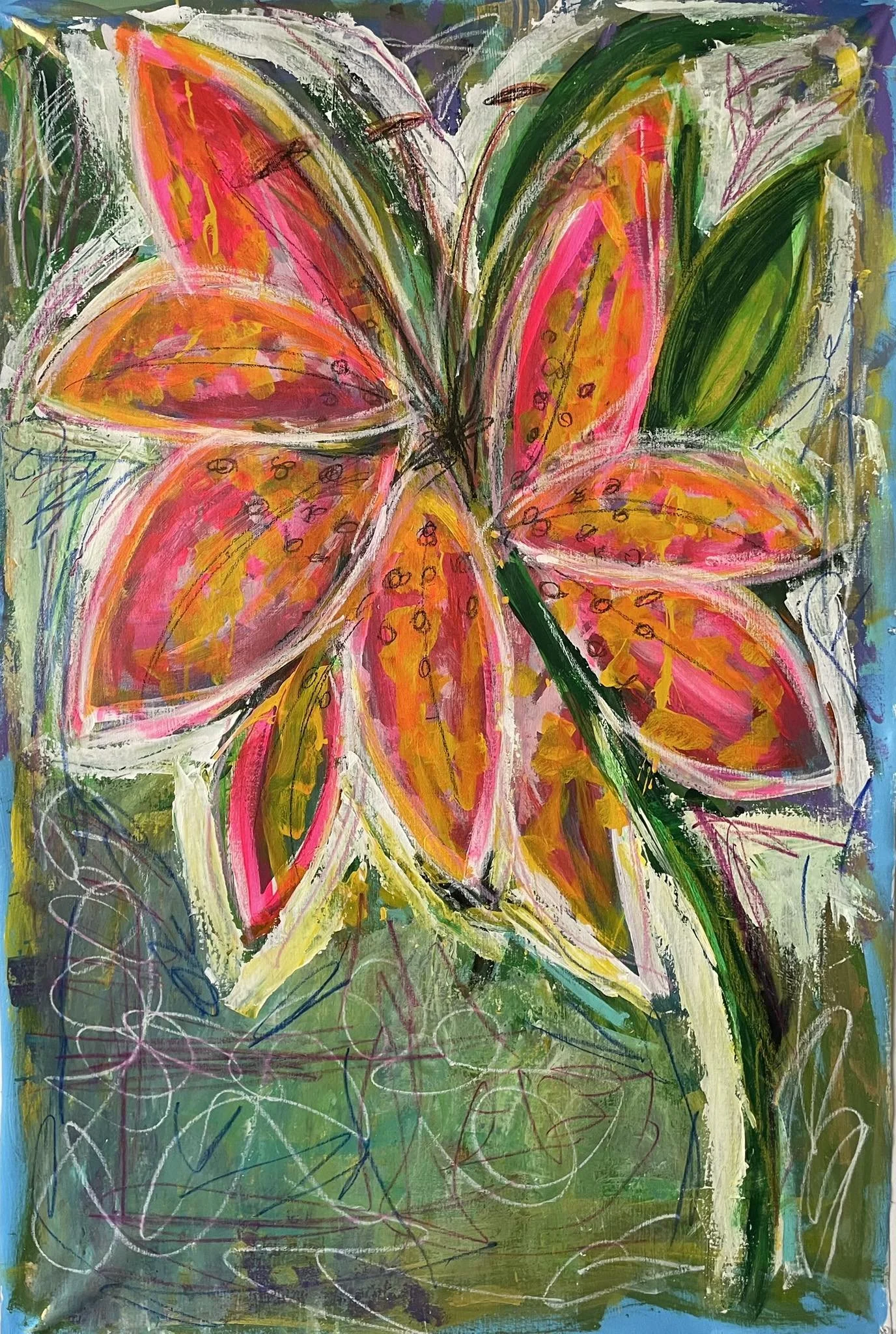 “Wild Lily/Lirio salvaje”
Acrílico y pasteles sobre lienzo
Acrylic and oil pastels on canvas.
100x130 cm
39x51 in
2025
