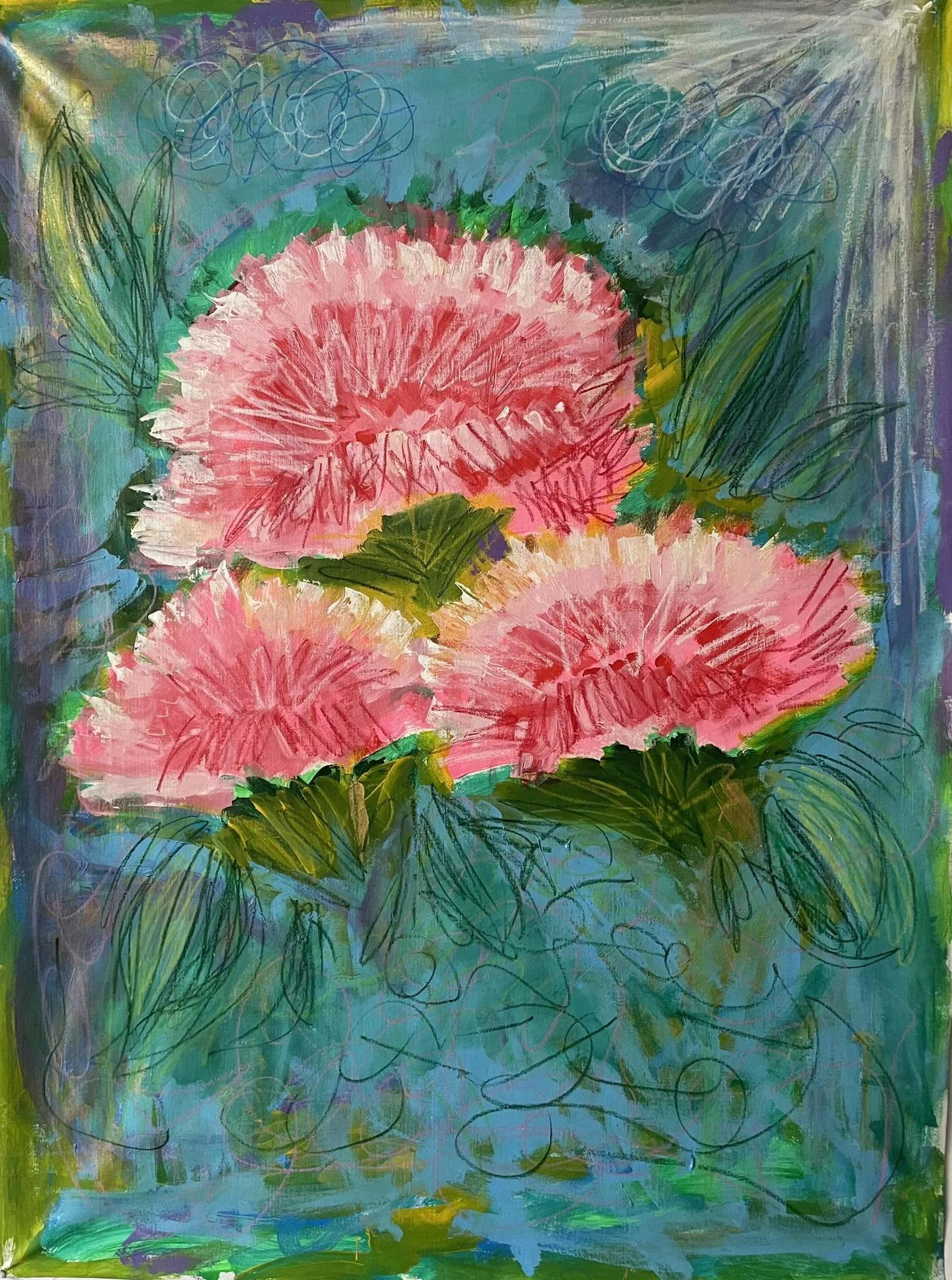 "Pretty in pink"
Acrílico, pasteles y aerosol sobre lienzo
Acrylic, spray paint and oil stick on canvas
100x130 cm
39x51 in
2025
$1650 USD