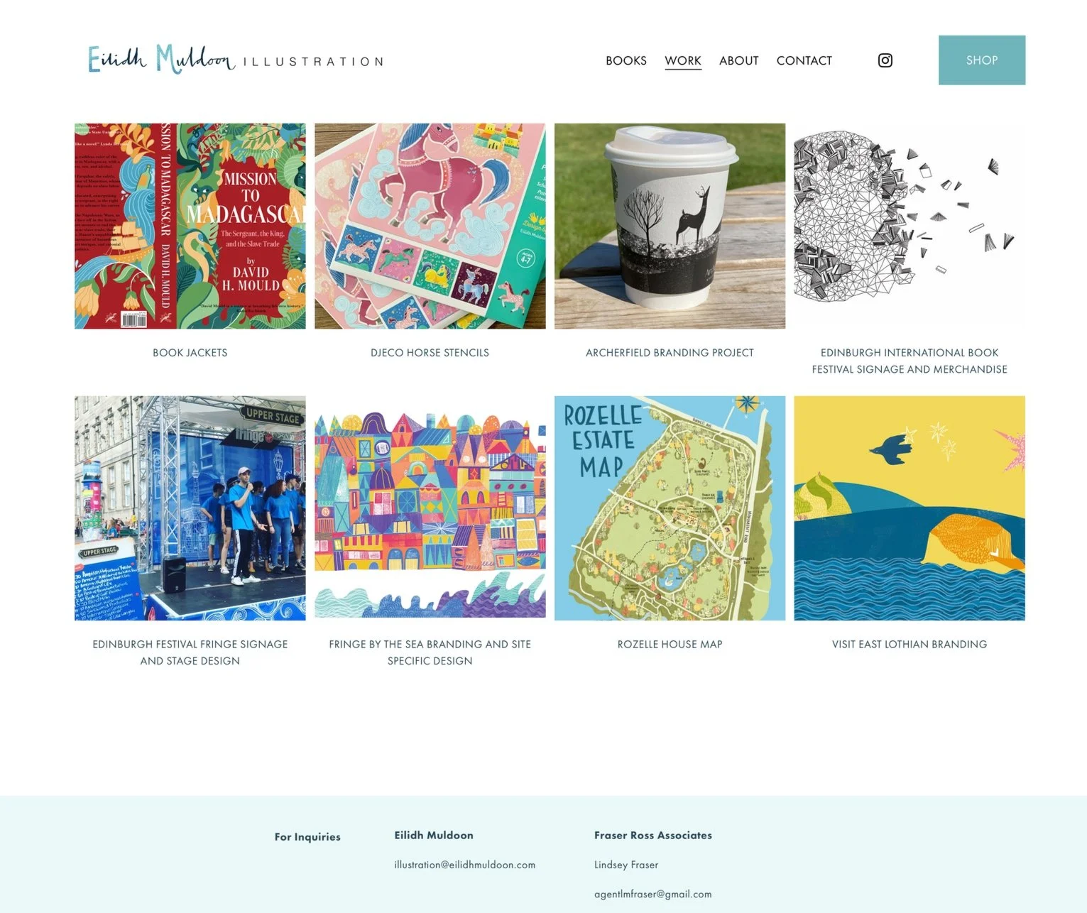 Webpage of Elilah Muldoon's illustration portfolio featuring eight thumbnail images of various illustration projects, including book jackets, stencils, branding projects, signage, maps, and merchandise.
