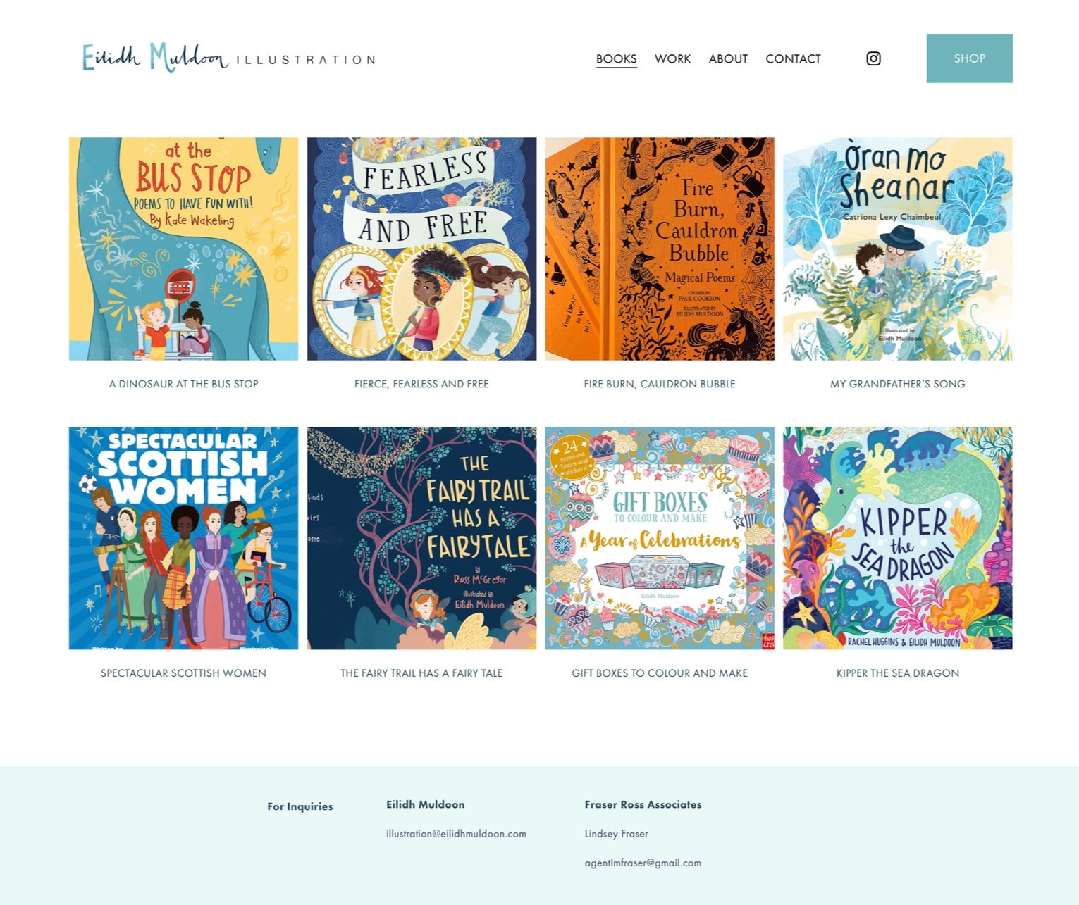Webpage showing children's books illustrated by Elidh Muldoon, including covers titled 'A Dinosaur at the Bus Stop,' 'Fearless and Free,' 'Fire Burn, Cauldron Bubble,' 'My Grandfather's Song,' 'Spectacular Scottish Women,' 'The Fairy Trail Has a Fair
