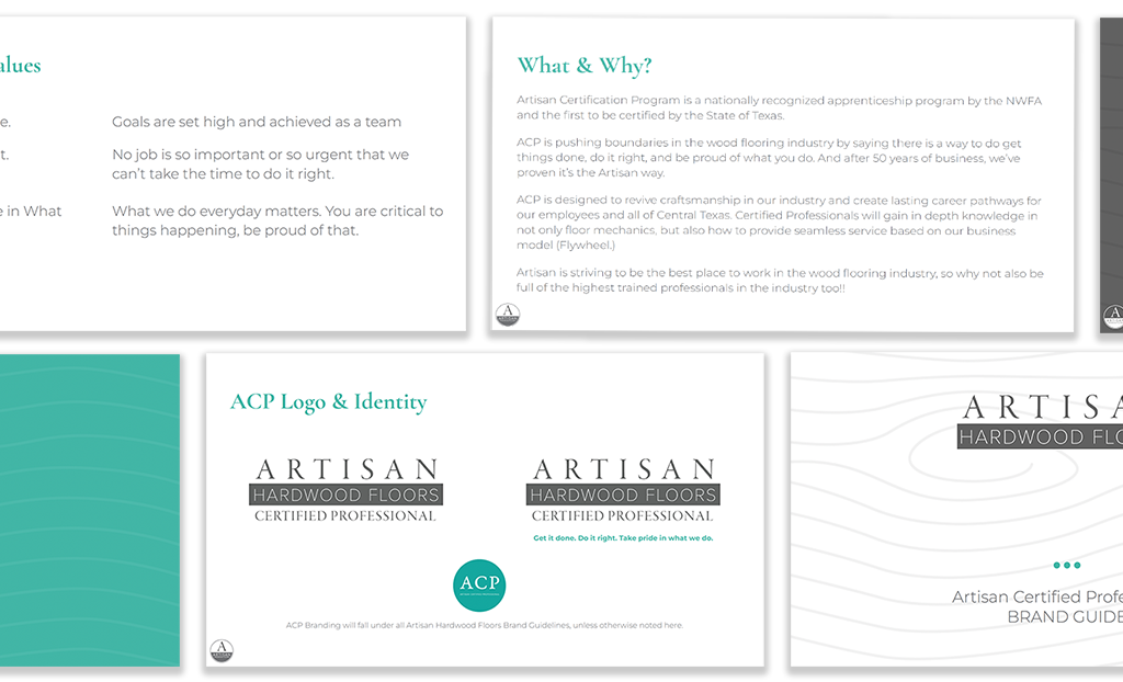 Collection of presentation slides from ACP Hardwood Floors, including information about the company's values, certification program, logo, and brand identity.