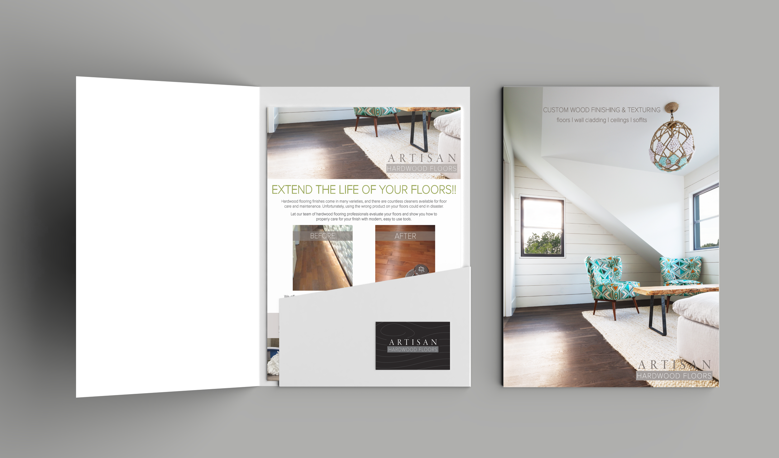 Brochure promoting hardwood flooring with interior room images, text about flooring services, and the Artisan Hardwood Floors logo.