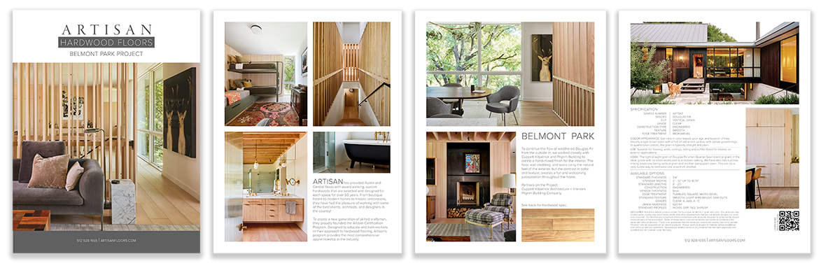 Brochure for Artisan Hardwood Floors featuring images of interior residential spaces with wooden flooring, a staircase, a living room with a fireplace, and product specifications.