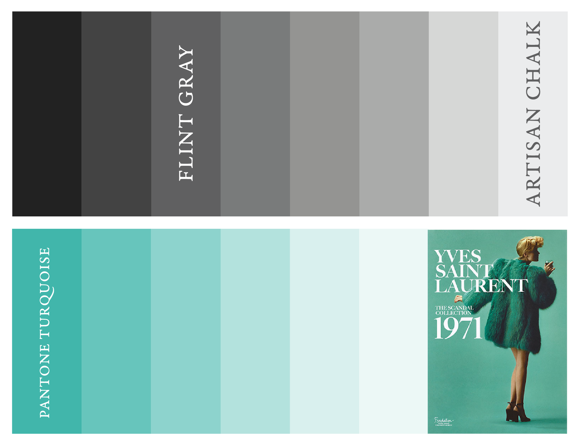 Color palette with grayscale shades and labels, next to a fashion magazine cover featuring a woman in a green fur coat and high heels, holding a phone, with fashion brand Yves Saint Laurent and year 1971 written on it.