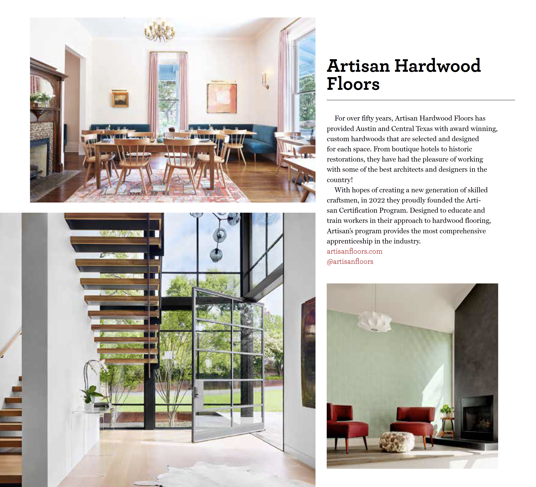 Collage of three images showcasing hardwood flooring in interior spaces. The first image features a dining room with wooden floors, a fireplace, and large windows. The second image displays a modern entryway with a staircase, large windows, and light