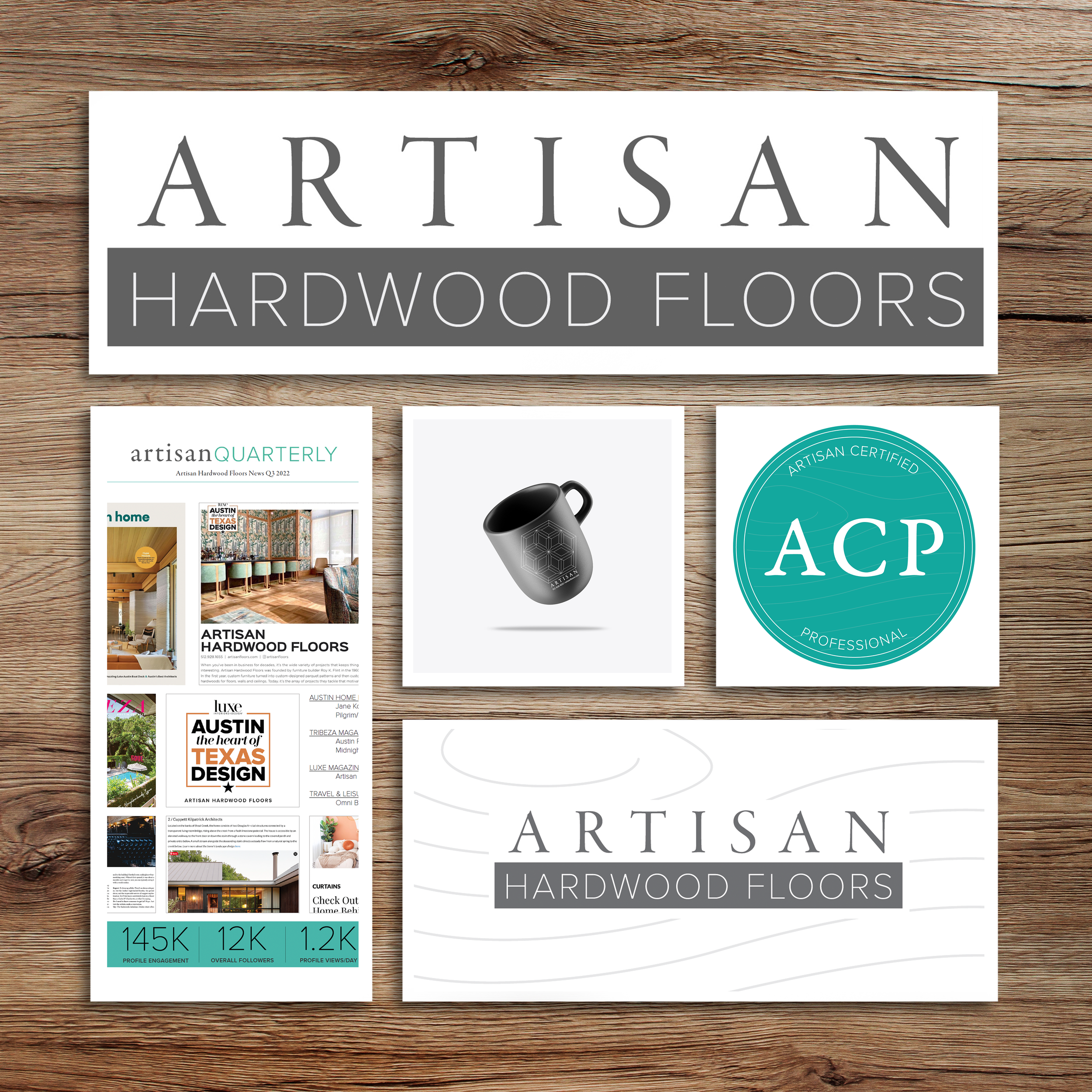 Collection of branding materials for Artisan Hardwood Floors, including signs, a magazine page, a coffee mug, a certification badge, and a wooden background.