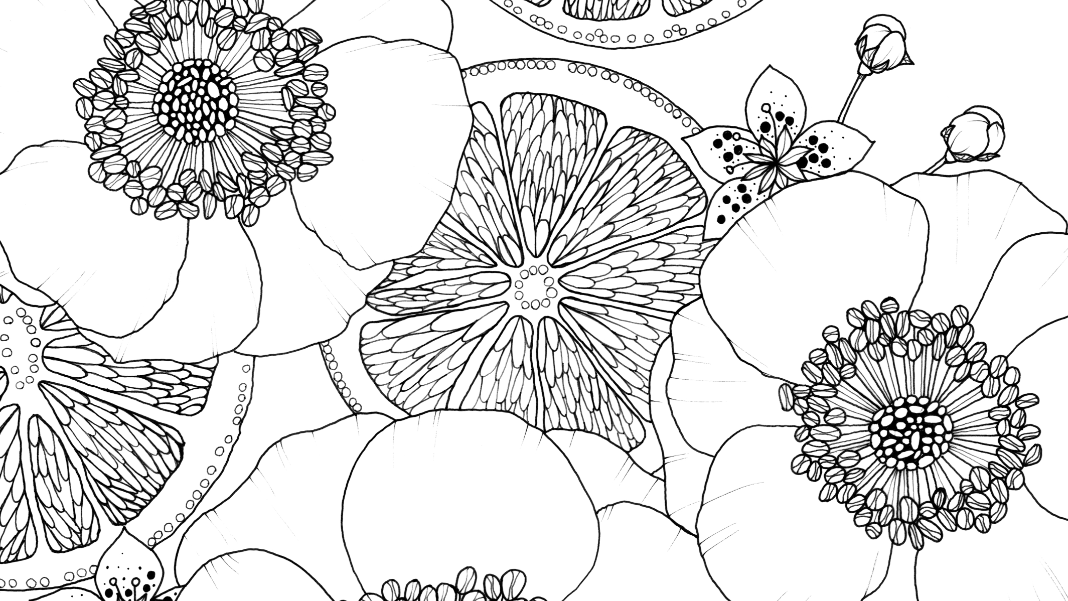 Line drawing of various flowers and leaves, with detailed petals and centers, arranged in a seamless pattern.